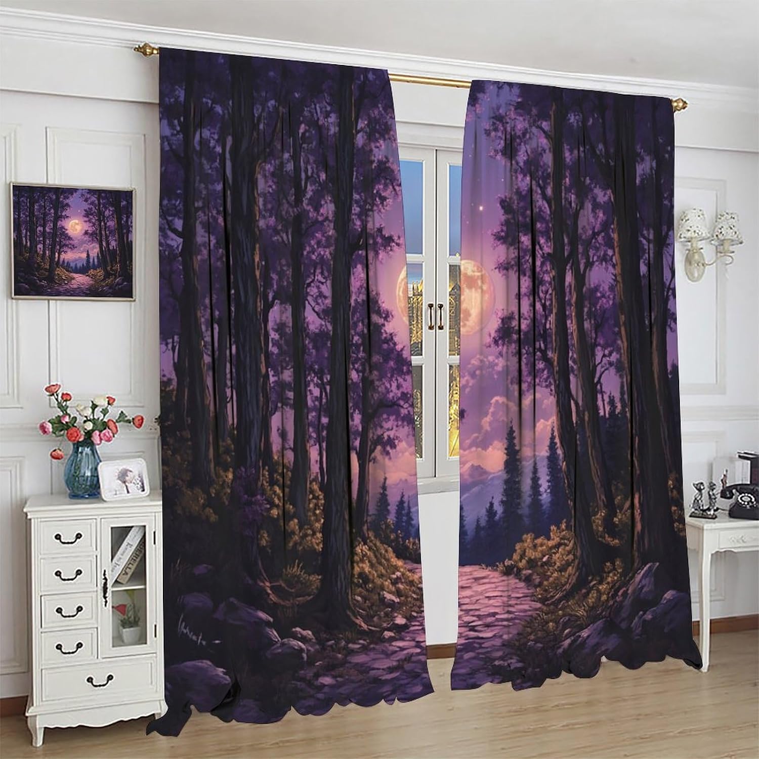 Enchanted Sky Flowers Blackout Curtains for Bedroom Living Room, Rod Pocket Magic Forest Rocks Curtains Thermal Insulated Window Drapes 2 Panels, Each 42W x 84L