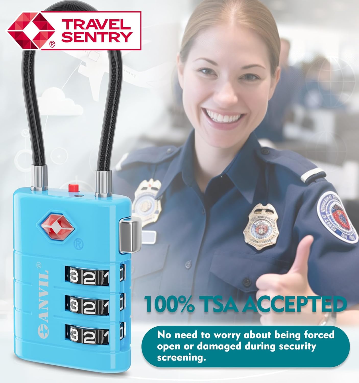 A TSA agent giving a thumbs up next to an ANVIL luggage lock, with text indicating '100% TSA ACCEPTED'.