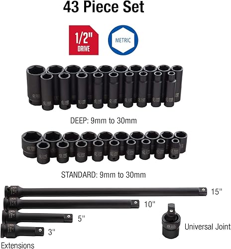 Miniatura 6 de Sunex 2641, juego de llaves de vaso de impacto profundo de 1/2 pulgada, 19 piezas y Sunex 2569, juego de llaves de impacto Drive Master de 1/2
