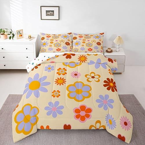 Miniatura 17 de Juego de edredón Kawaii de hongos, tamaño Queen, bohemio, juego de ropa de cama con estampado floral hippie y groovy, juego de ropa de cama y juegos