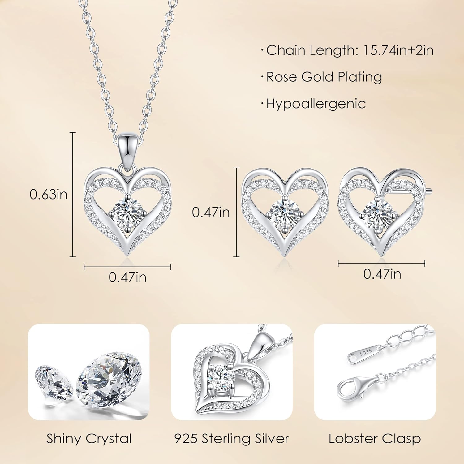 Miniatura 5 de CDE Conjuntos de joyas para mujer, con dije de corazón de amor, plata de ley 925 con circonita de piedra natal, cumpleaños, aniversario, día de San