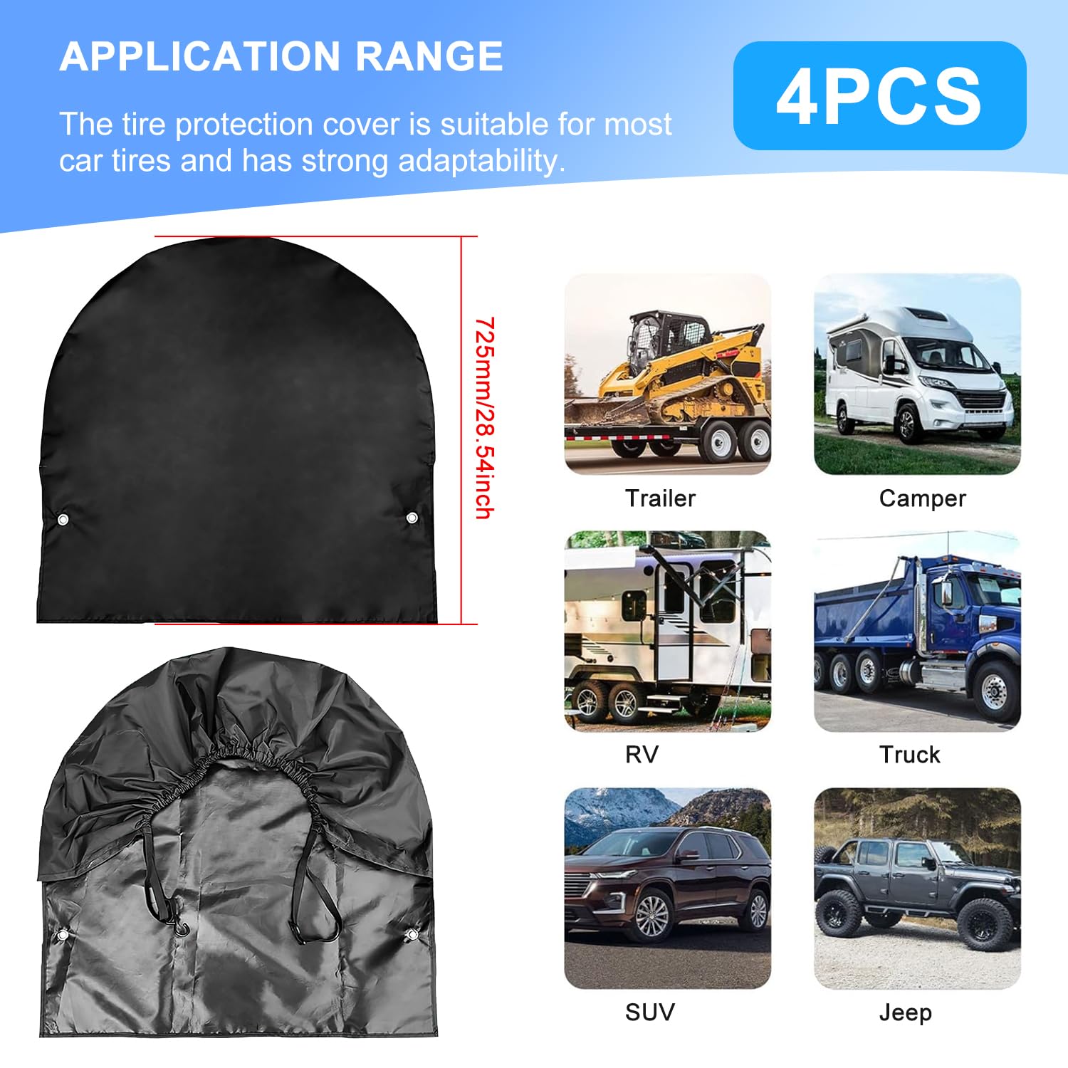 Housses De Pneus de Roue de Caravane pour Camping-Car Remorque Lot de 4 Imperméables Anti-UV pour Pneus de 27 à 29 Pouces de Diamètre 72,5 x 72,5 cm (Noir-4PCS)