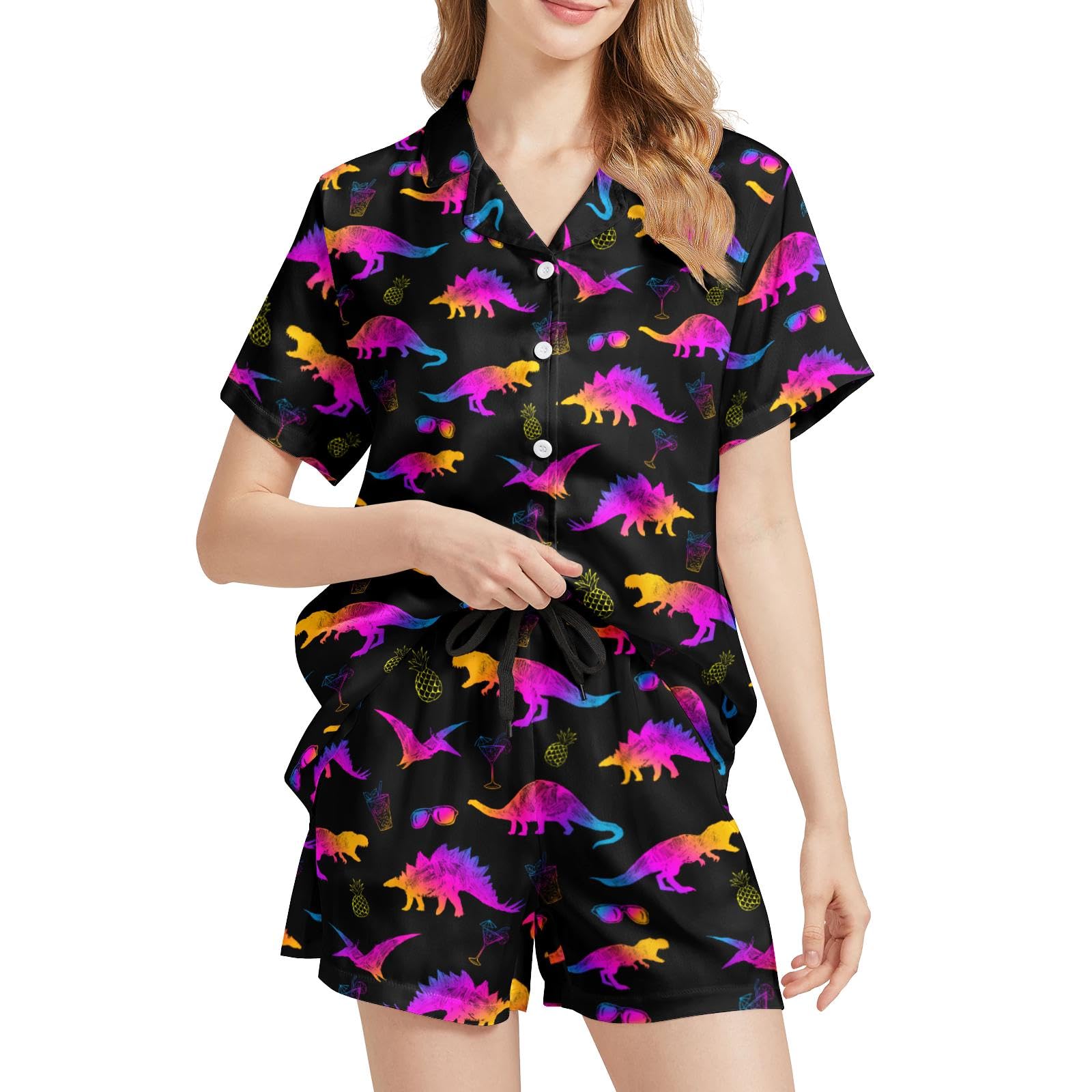 Funny Pajamas for Women Set Print Satin Loungewear Pjs Short Sleeve Button Down Top and Shorts Sets Sleepwear XS-3XL