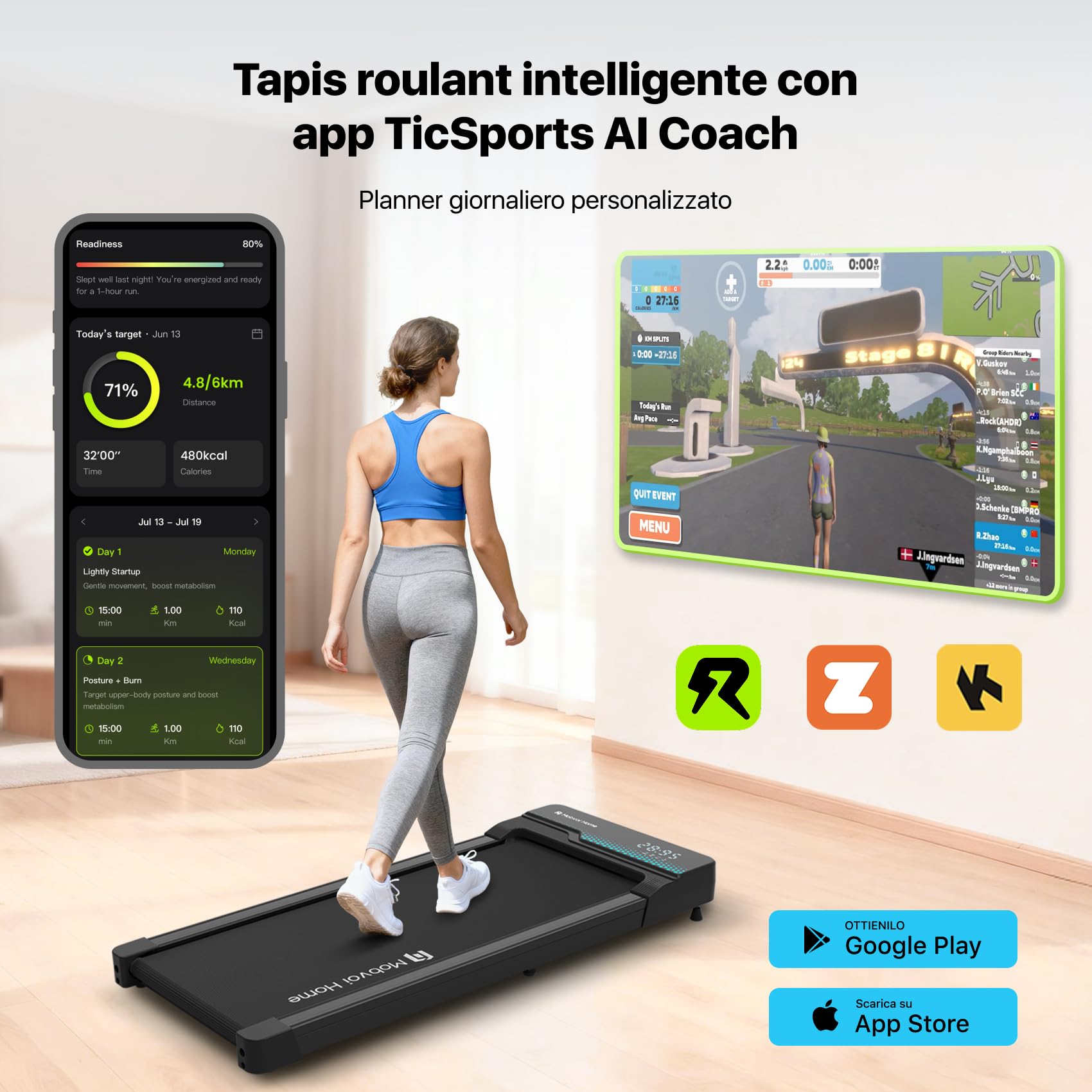 Mobvoi Walking Pad Tapis roulant AI Intelligente sotto la scrivania portatile 2 in 1 per casa e ufficio Camminata Jogging Macchina da corsa TicSports Zwift Kinomap 6 km/h Facile da riporre 120kg