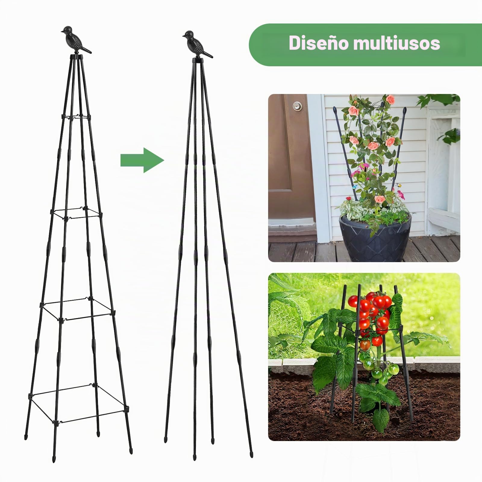 1,65 m Rankobelisk Enrejado de Enrejado de Metal Revestido para jardín con Rosas para Plantas trepadoras, Ayuda para Escalar, Globo, Rosas y Flores, Enrejado de Tomate, jaulas de Tomate (1,65 m)