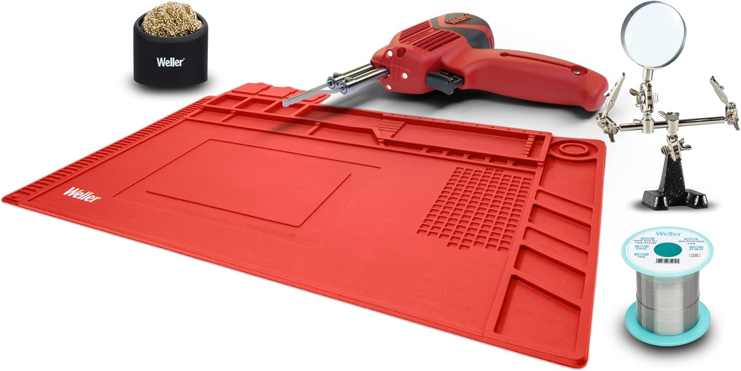 Weller 120V Dual Heat 140W Soldering Gun Kit with 0.5 mm Solder Wire, Magnified Helping Hands, Brass Sponge Tip Cleaner, & Silicon Soldering Mat