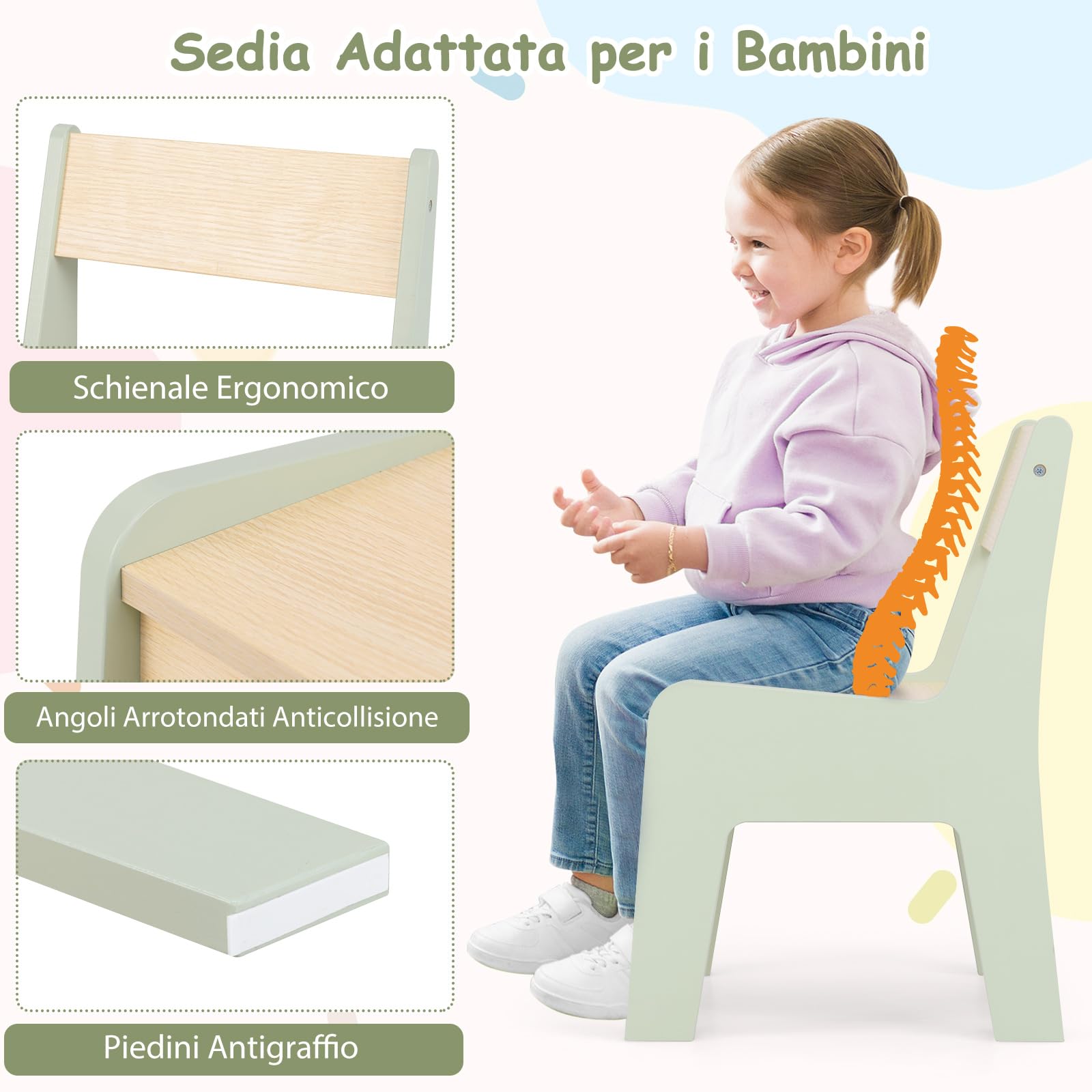 RELAX4LIFE Set Tavolo e Sedia 2 in 1 per Bambini, Scrivania in Legno con Piano Bifacciale Rimovibile, Ampio Spazio Archiviazione, Design Multifunzionale per Camera dei Bambini (Verde+Naturale)