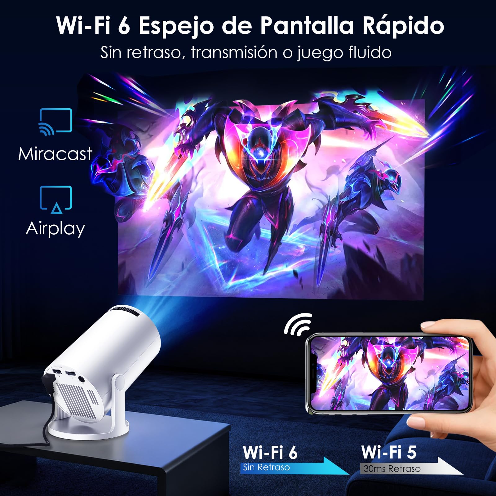 WOLFANG Proyector Portatil, Mini Proyector 1080P con Apps Integradas, WiFi y Bluetooth, Corrección Keystone Automática, Compatible con iOS/Android/TV Stick/PS5
