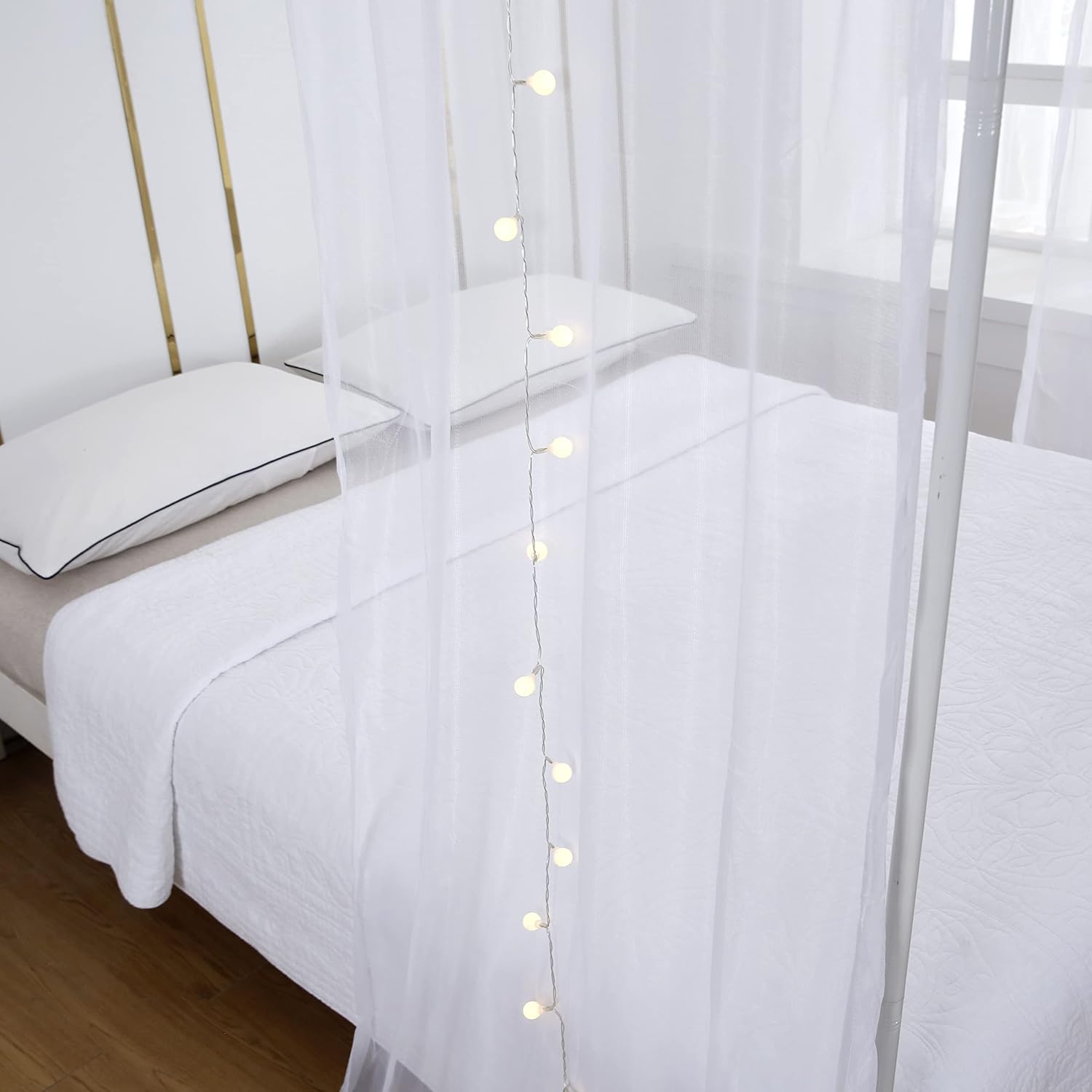 Akiky Canopy Bed Curtains with Light Princess Bed Canopy Scarf for Full/Queen Metal Bed Frame,Wood Frame Bed-2 Panel Sheer Curtain(Full/Queen,White) : Home & Kitchen
