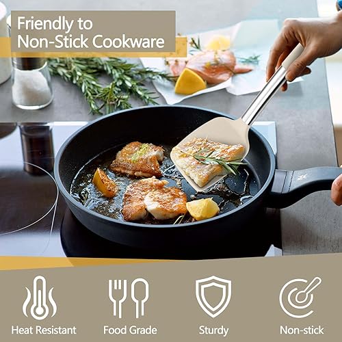 Miniatura 5 de P&P CHEF Juego de 4 utensilios de cocina de color caqui, espátulas sólidas de silicona, cucharas ranuradas para utensilios de cocina antiadherentes,