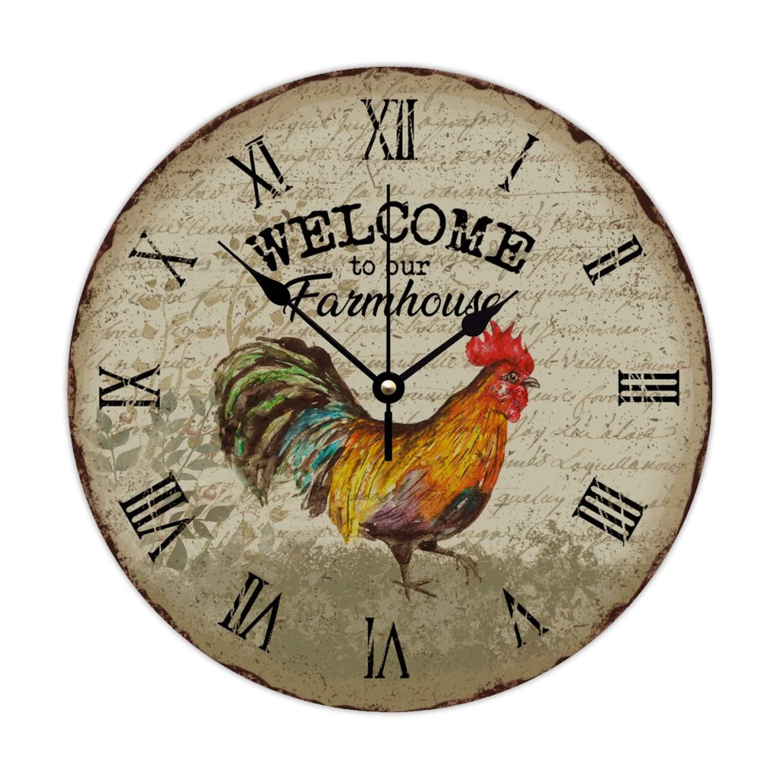 Horloge ronde en bois de style ferme rustique avec coq décoratif pour cuisine, 38 cm