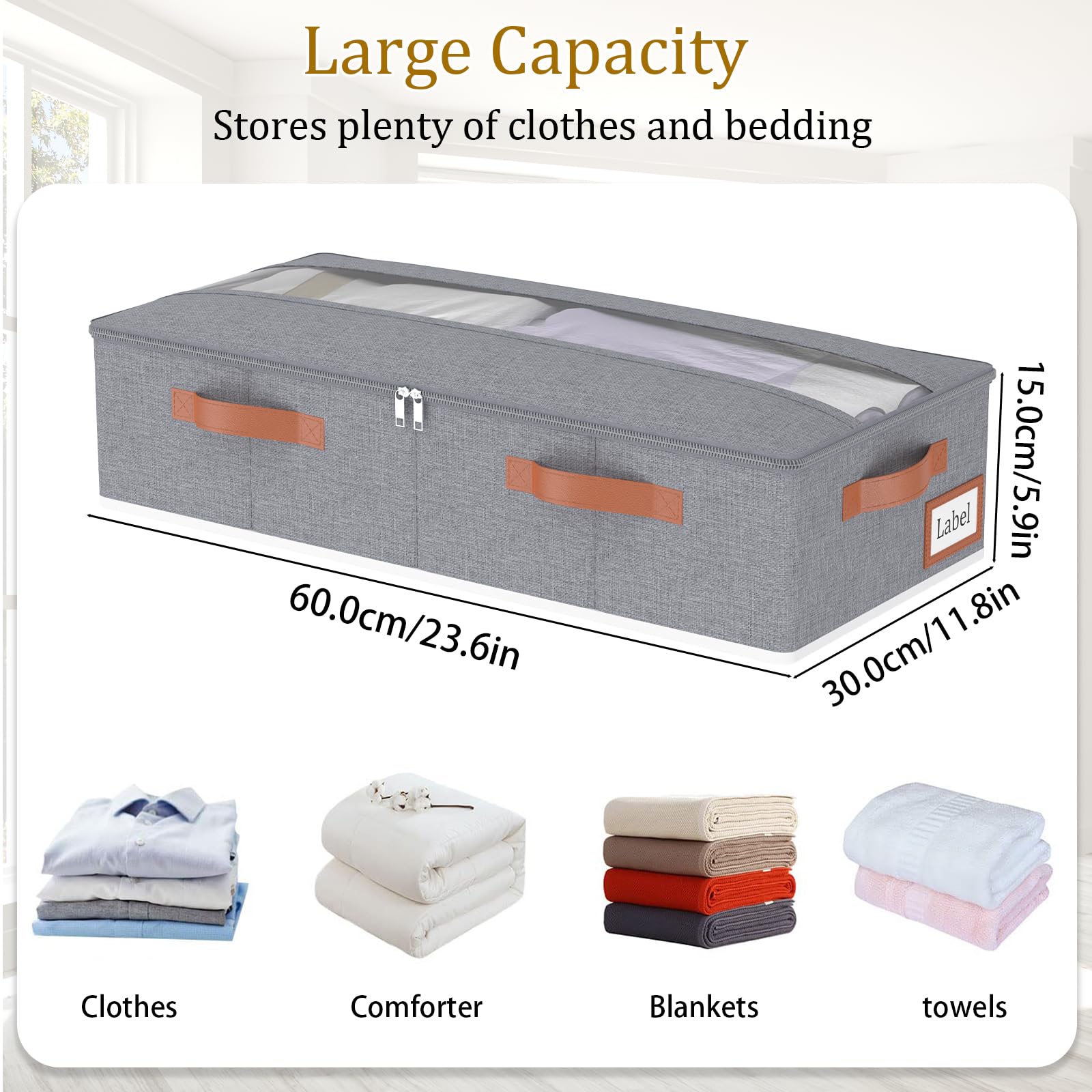 2 Contenitori Sottoletto Pieghevoli Yawinhe 80x40x15 Cm - Con Finestra E Maniglie, Beige - Foto 8