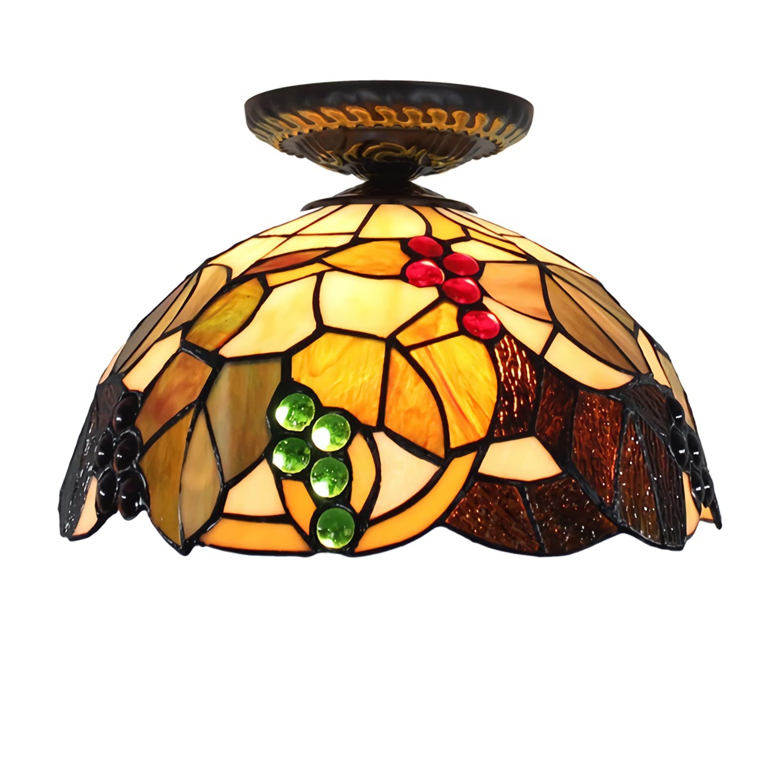 YNIYUJKL 12 Inch Tiffany Ceiling Light Flush Mount, Dimmable Stained Glass Chandeliers, E26 Bulb, Victoria Style Decorative Ceiling Lamp For Living Room, Bedroom, Hallway, Br