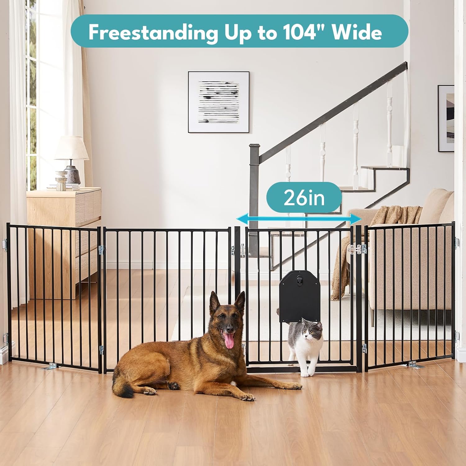 No Pawblems Free Standing Dog Gate with Cat Door 4 Panels + 2 Panels, 30'' Tall Foldable Dog Fence for Indoor & Outdoor, Up to 156 Inch Extra Wide Puppy Gate for Stairs, Hallways, Doorways, Black