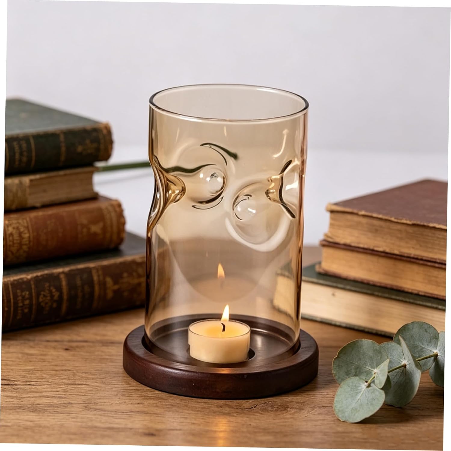 Glass Votive Candle Holder 6.3x4.7 Inches with Wooden Base, Windproof Hurricane Cylinder Glass Cylinder with Excellent Light Transmittance for Tealight Candles for Wedding Table