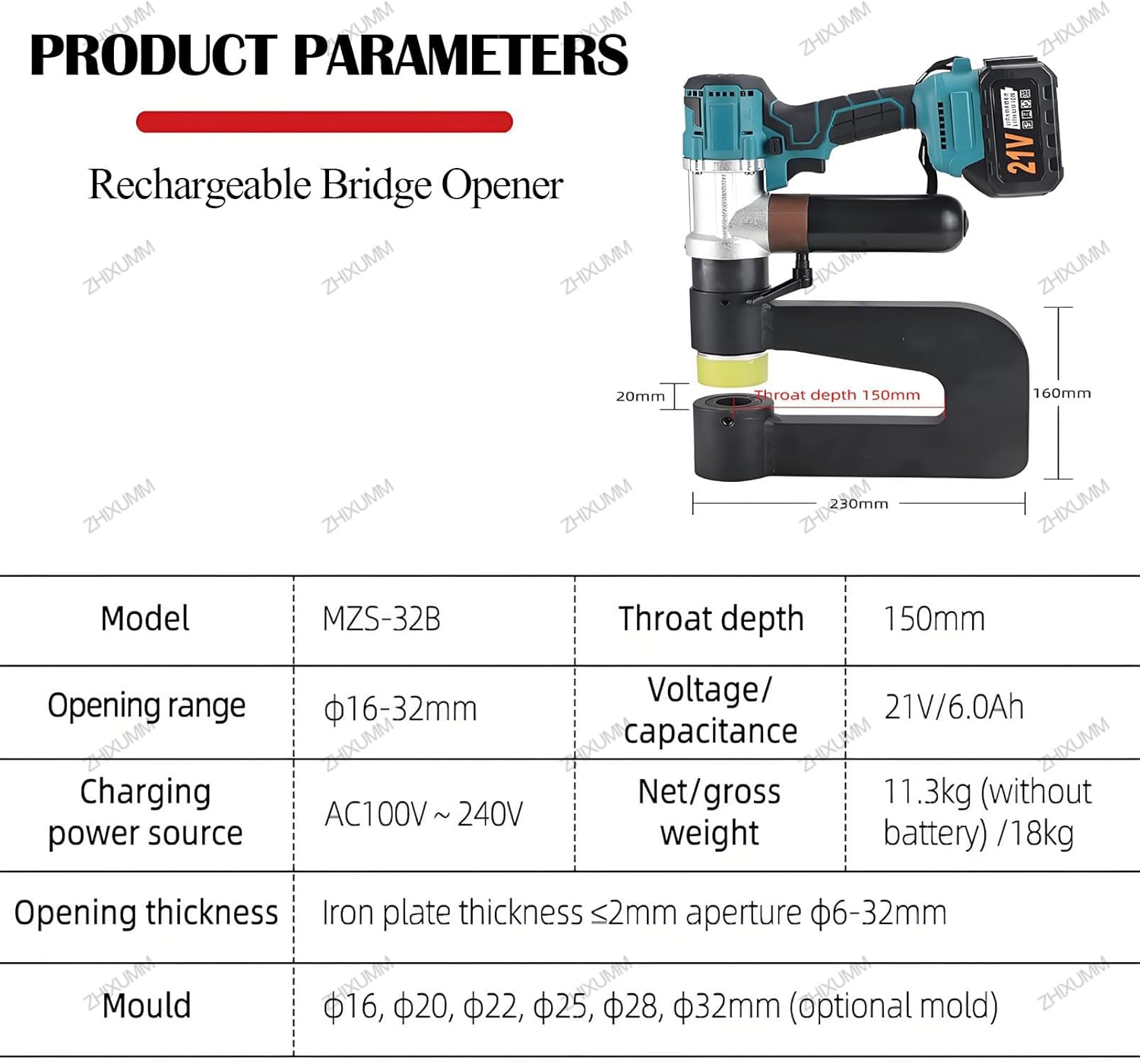 Electric Hydraulic Hole Punch, Cordless Hydraulic Stripping Punch Set, Hydraulic Hole Punching Tool, 6 Dies (16–32 Mm), 150 Mm Throat, 1-Button Start, with Steel Copper Aluminum Iron Alloy