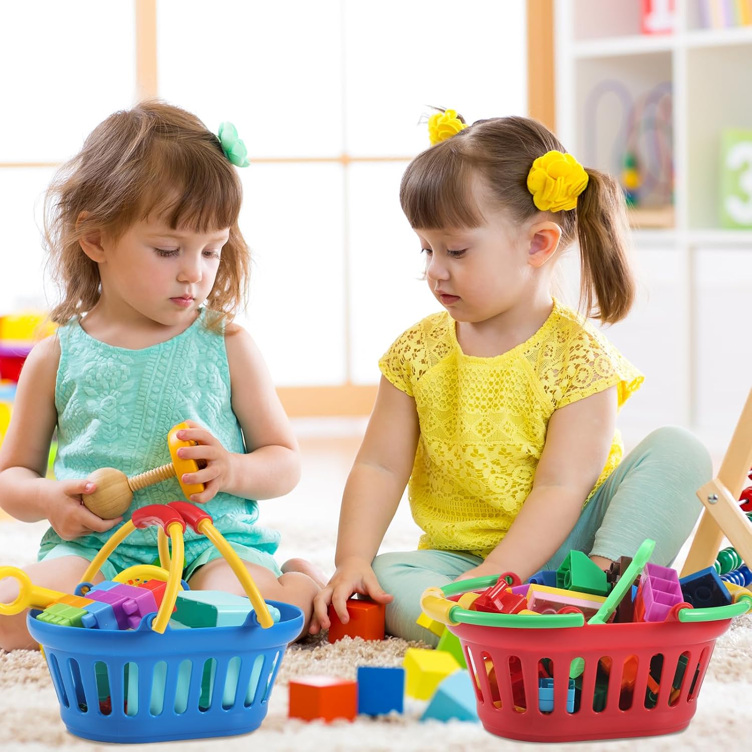 6 Pack Plastic Small Baskets with Handle Bulk Colorful Picnic Shopping Stack of Baskets for Grocery Storage for Picnic Camping Easter Party Supplies