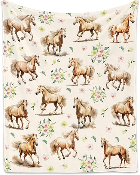 Horse Throws Blanket - 30x40 Inches Cute Throw Blanket for Girls - White Soft Fuzzy Blankets for Couch & Office