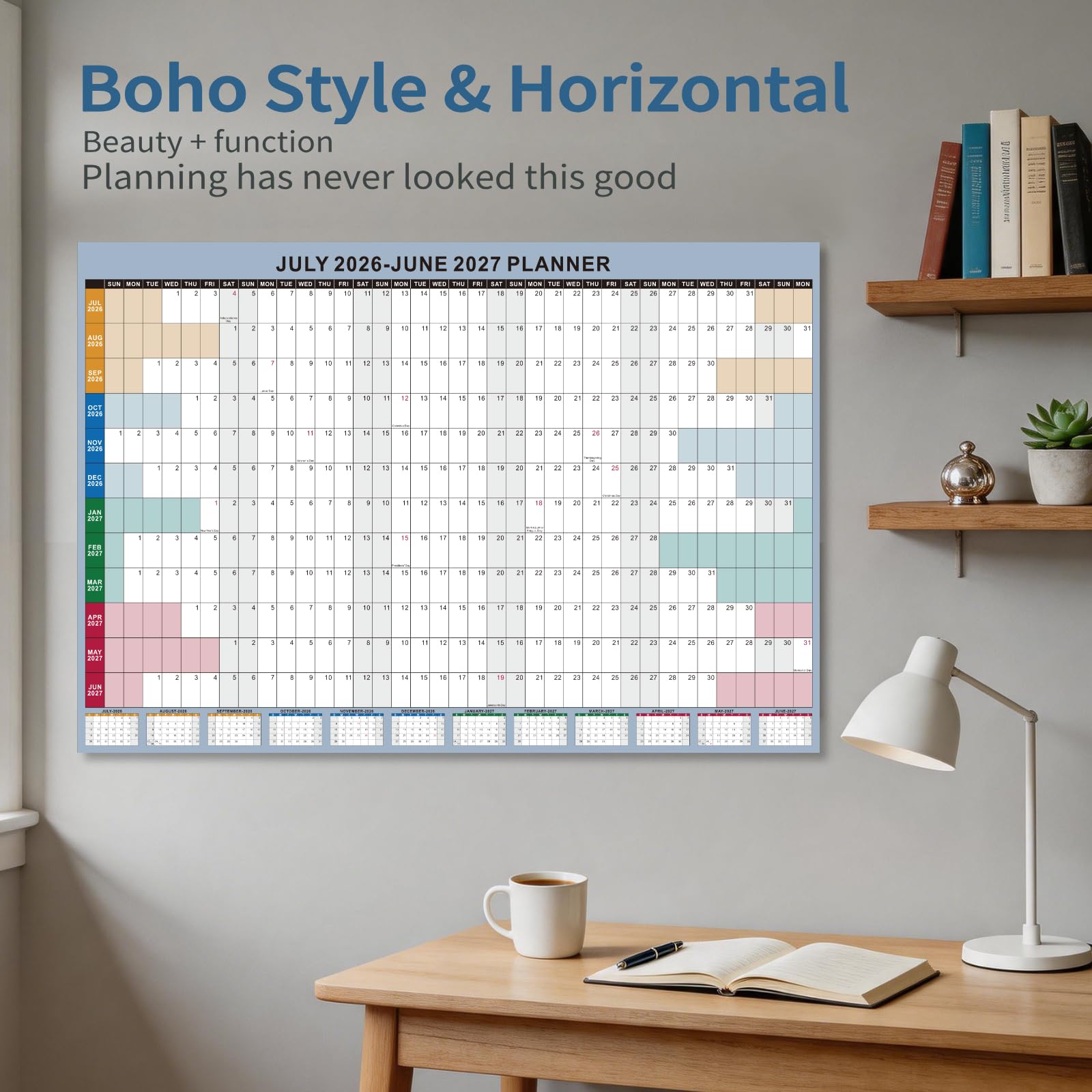 Akademischer Wandkalender 2026–2027, trocken abwischbar, laminiert, Boho-Monatsplaner, Juli-Juni für Lehrer, Schule, Büro, Zuhause