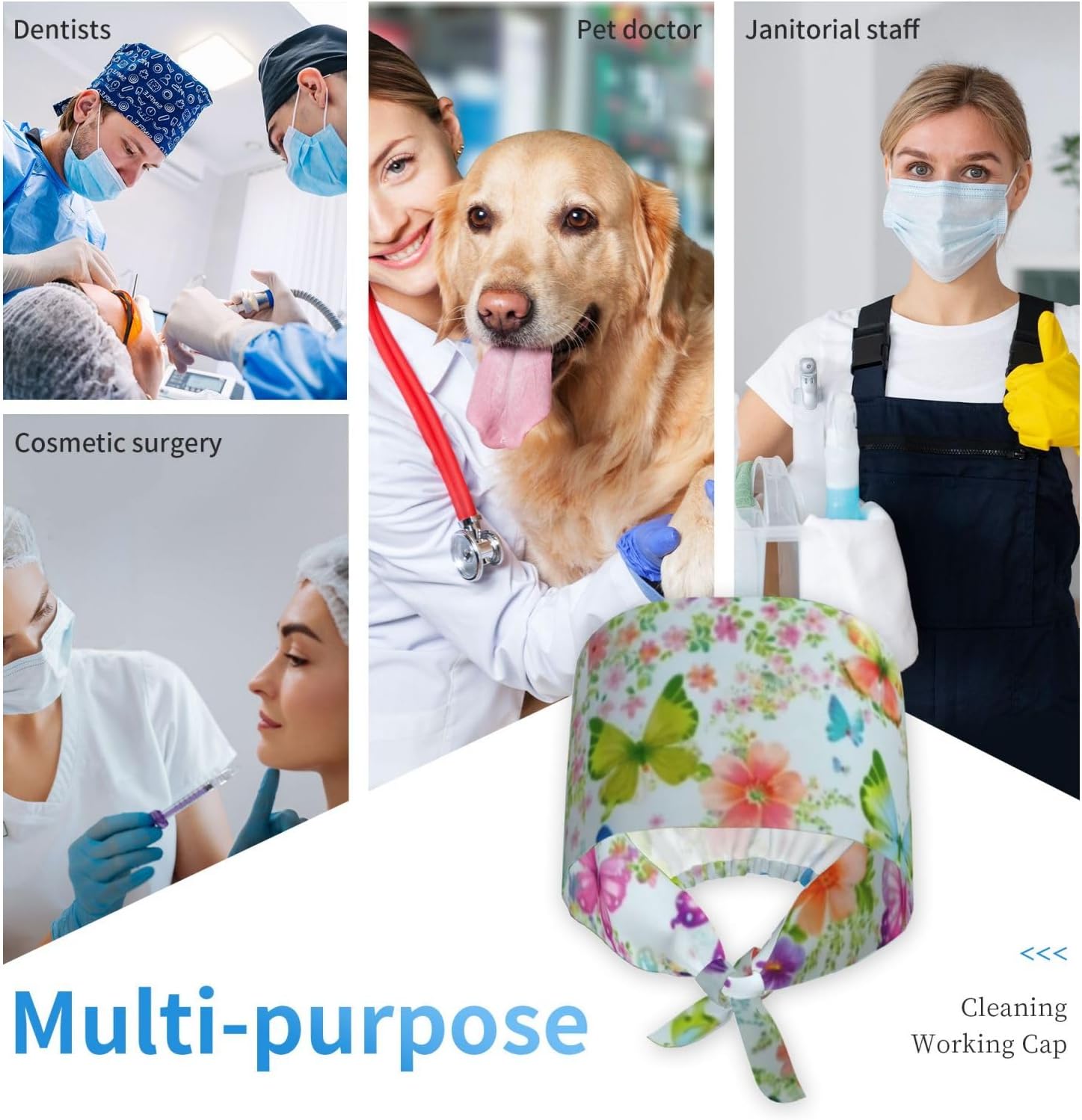 Working Cap with Sweatband Adjustable Cleaning Work Hat Scrub Cap for Women Men Tie Back Hat Nurse Surgical Caps (Butterfly, One Size) - Image 8