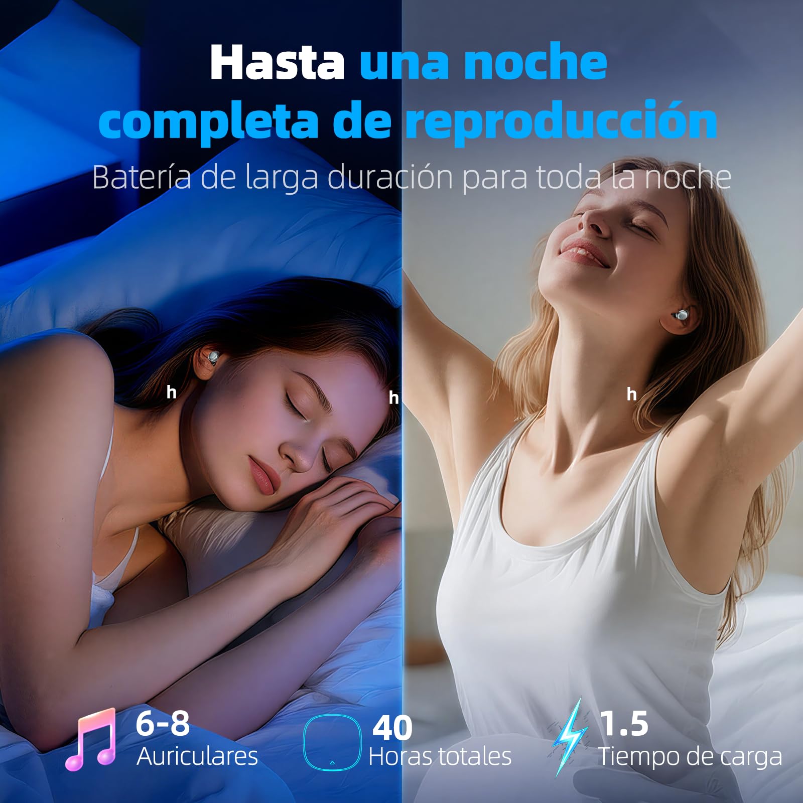 Auriculares para Dormir Auriculares Inalámbricos Bluetooth 5.4 Lado, 6 EQ | Mini Auriculares con LED, Doble Modo Sueño 40H, Diseño Cómodo Sleep Earbuds para Descanso, Viajes y Uso Nocturno