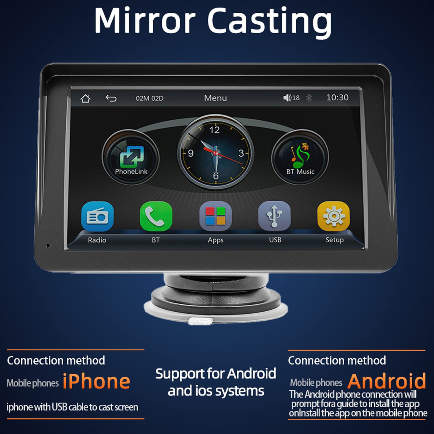 Portatile Monitor per Auto da 7" Wireless Carplay e Android Auto Autoradio con Telecomando Telecamera di Backup Bluetooth Mirrorlink Trasmettitore FM Porta per Scheda AUX/USB/TF