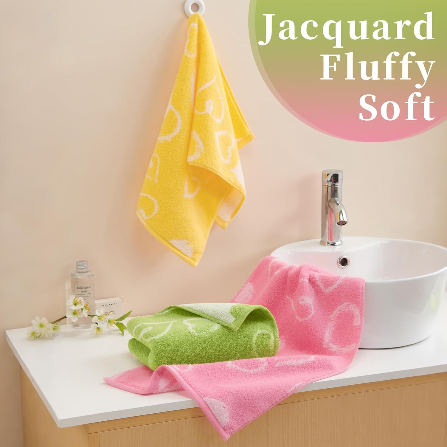 VOOVA & MOVAS 3 Pcs Valentine's Day Hand Towels (13"X28"), Ultra-Absorbent, Quick-Dry Face Towels | Soft, Lightweight Decorative Bathroom Towel Set - Ideal Gift,Pink Yellow Green Mixed