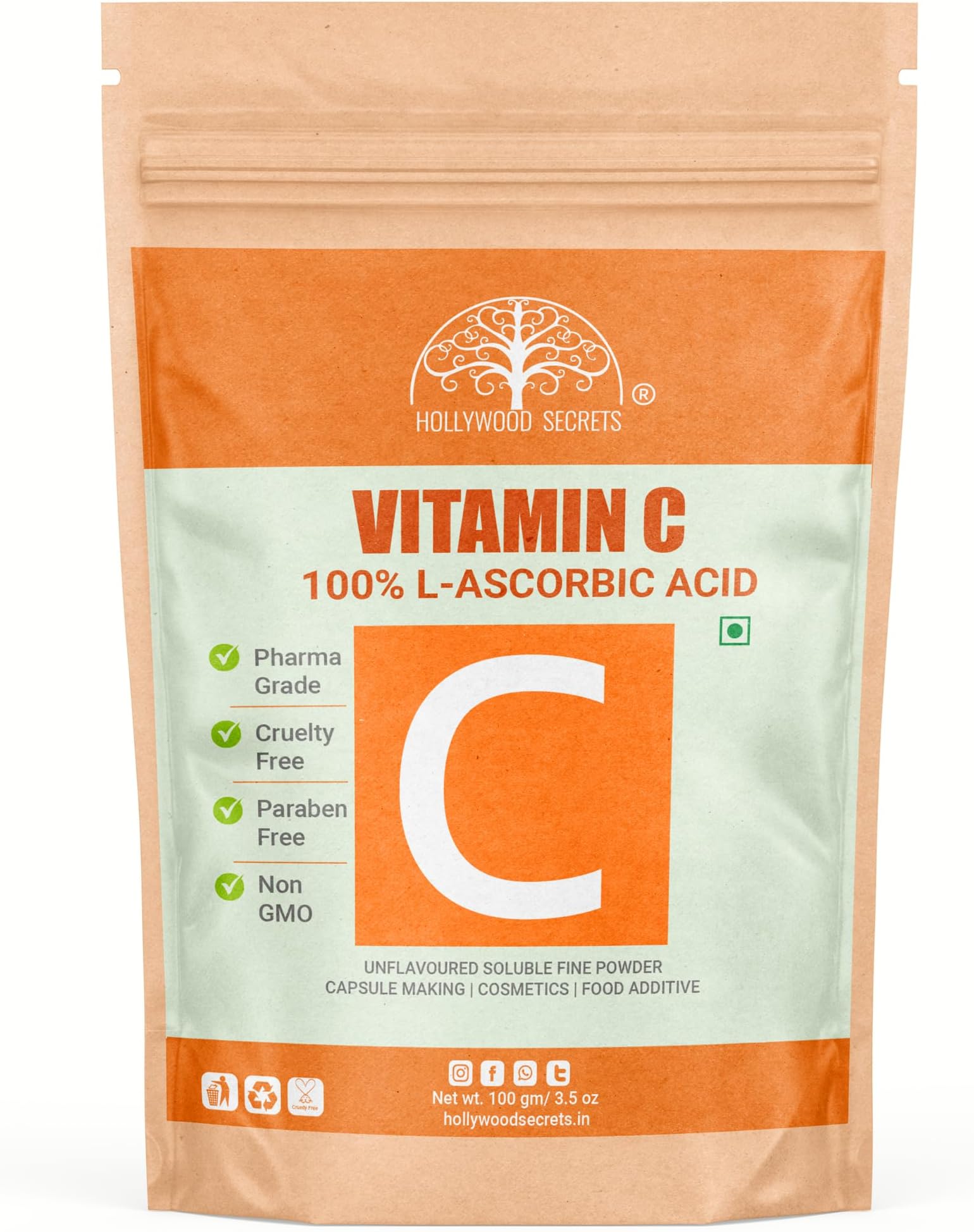 Hollywood Secrets 100% Pure Organic Vitamin C Powder L Ascorbic Acid DIY Serum Making Face Care 100 gm