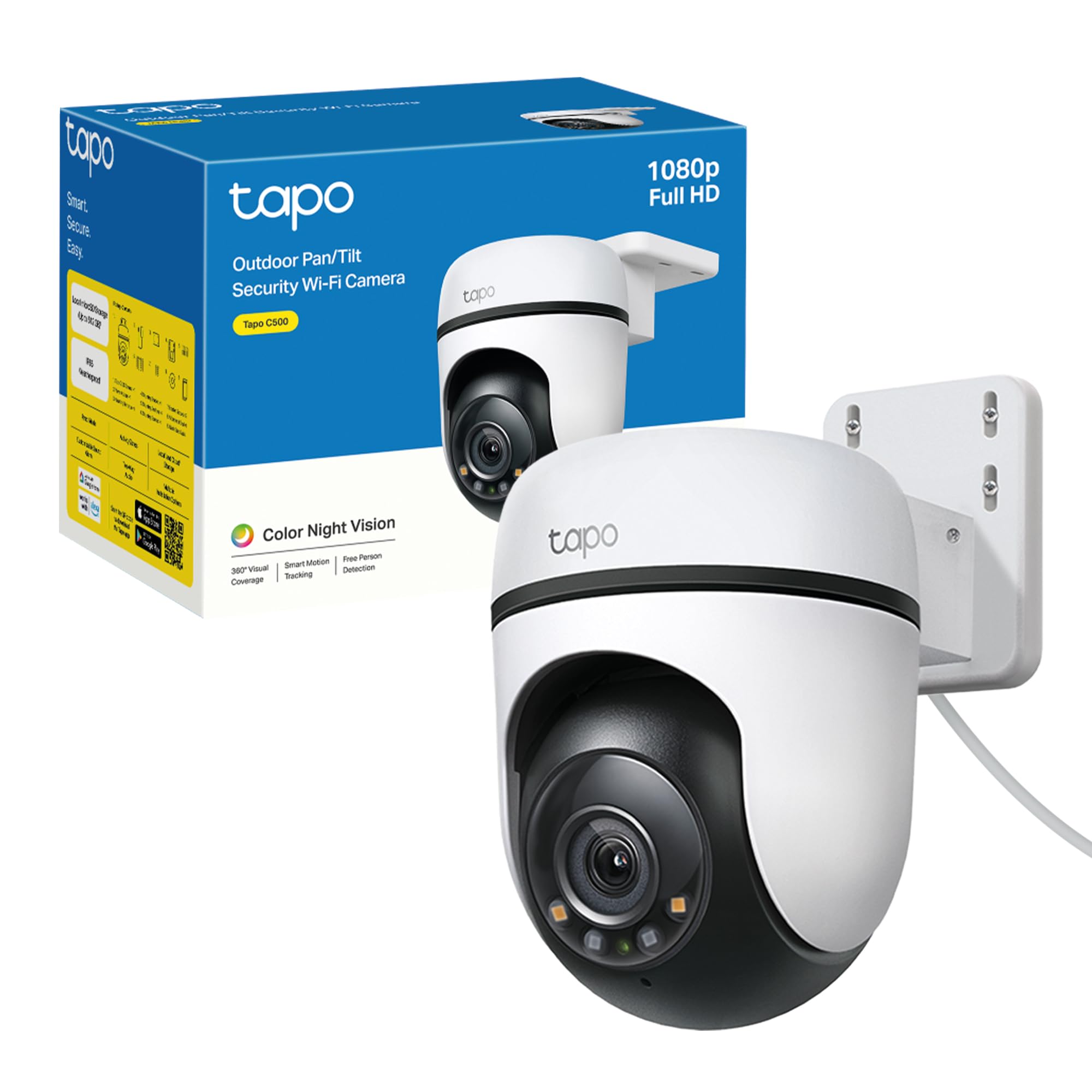 Tapo C500 Telecamera Wi-Fi Esterno FHD, 360° Visuale, Telecamera IP di Sorveglianza, IP65, Visione Notturna a Colori, Rilevamenti Smart AI, Audio Bidirezionale, Allarme sonoro personalizzato