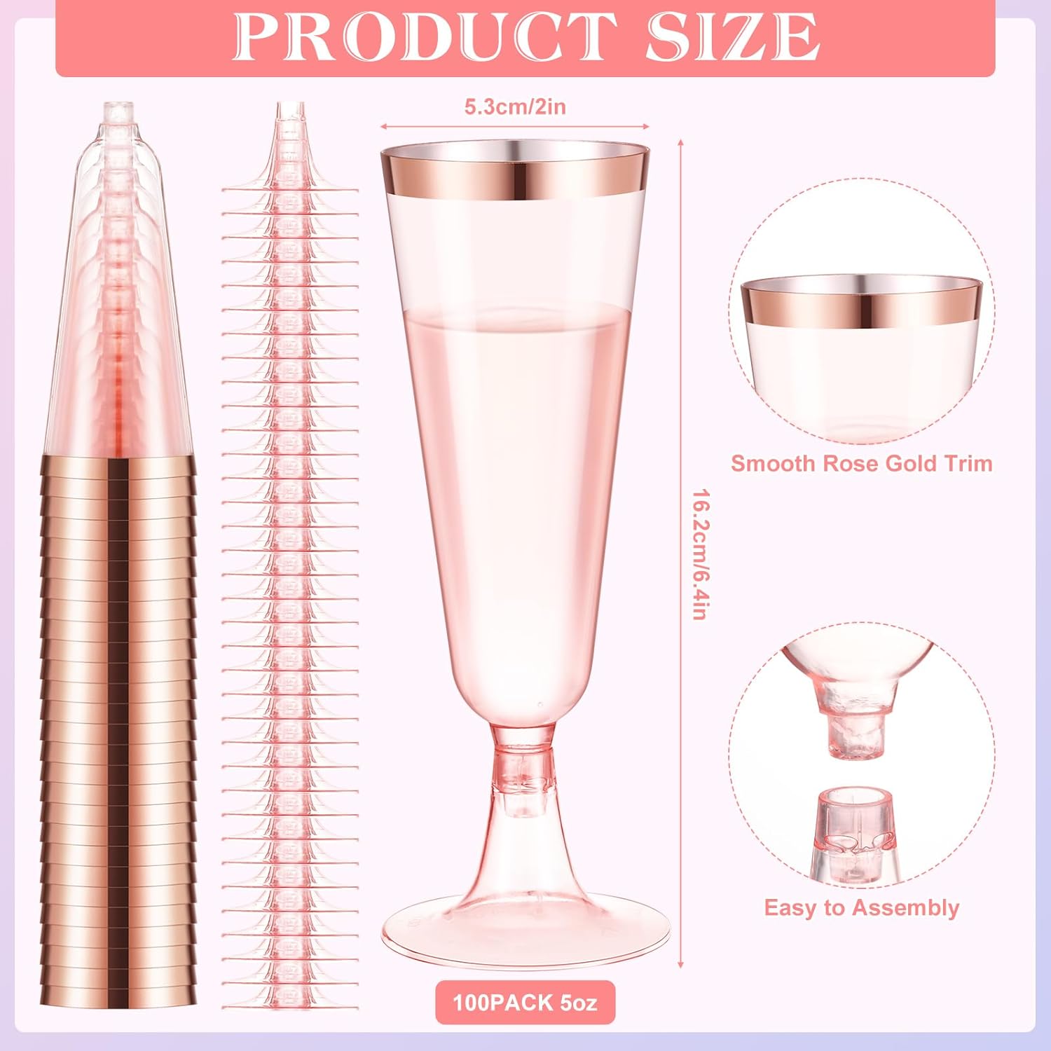 Dandat 100 Pcs Plastic Champagne Flutes Disposable 5 oz Champagne Glasses with Rim Wine Glasses Cups for Wedding Quinceanera Sweet 15 Birthday Party Supplies (Pink with Rose Gold Rim)