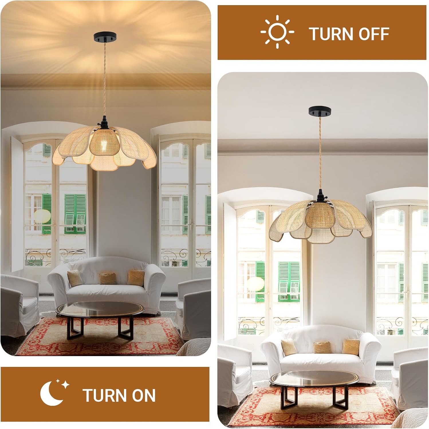 Boho 20 Inch Rattan Chandeliers Flower Hanging Lights Hemp Rope Flower Pendant Lights Handwoven Lampshade Ceiling Hanging Lamp Fixture for Bedroom Kitchen Island Dining Room Living Room