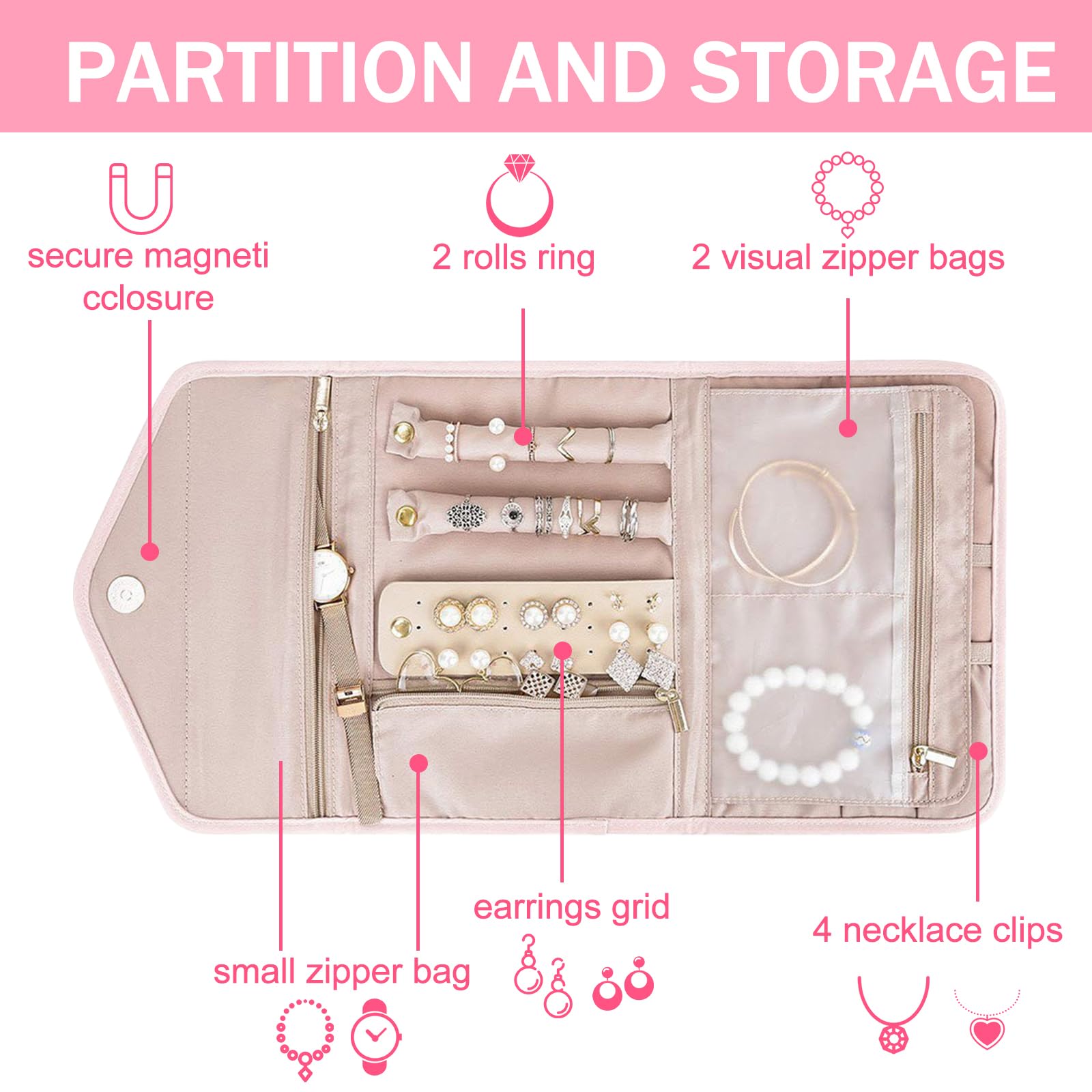 6 piezas Organizador de Joyas, Bolsa de Rollo de Joyería, Bolsa de Almacenamiento de Joyas, con Diseño de Espacio Múltiple, para Collares, Pulseras, Pendientes, Anillos