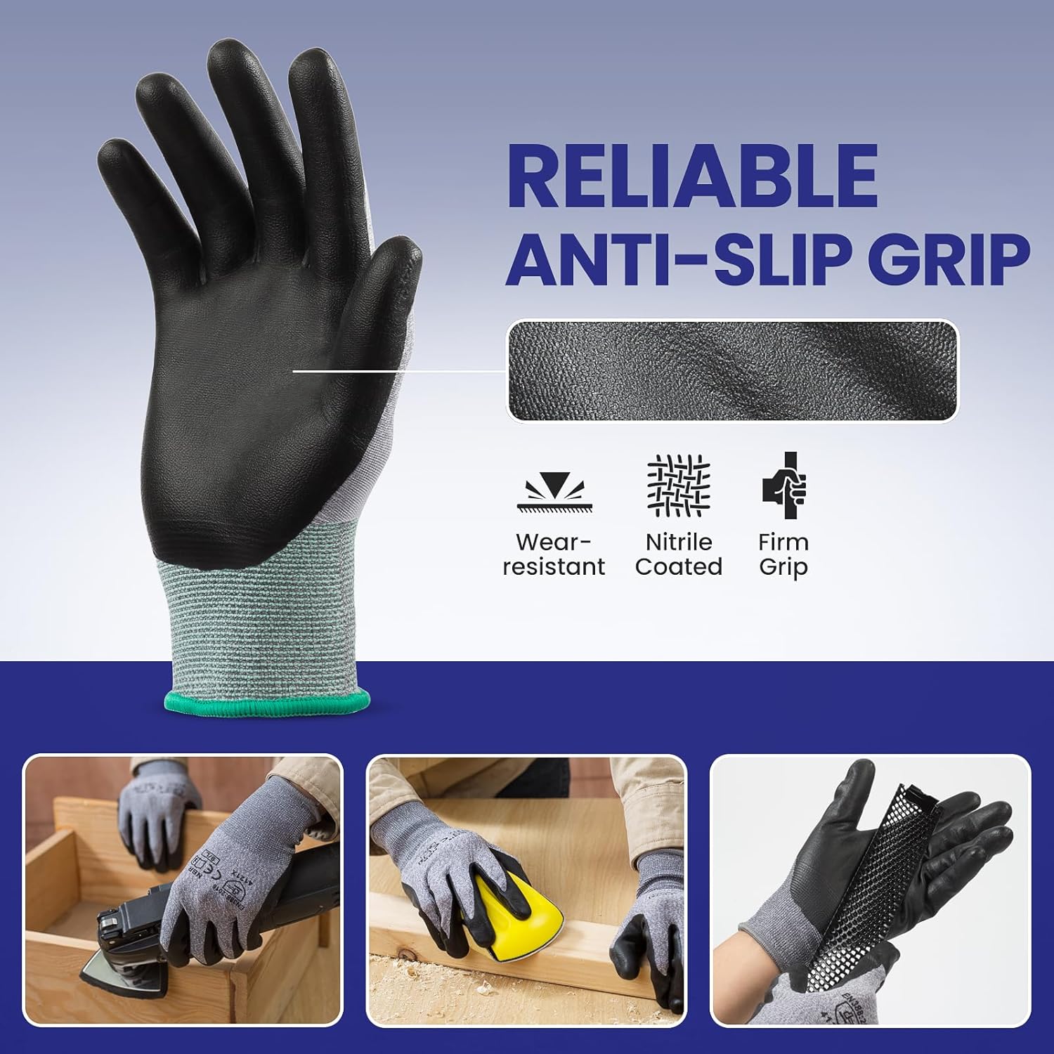 Safety Work Gloves Micro-Foam Nitrile Coated with Grip, Ideal for Construction, Warehouse, Gardening & Automotive