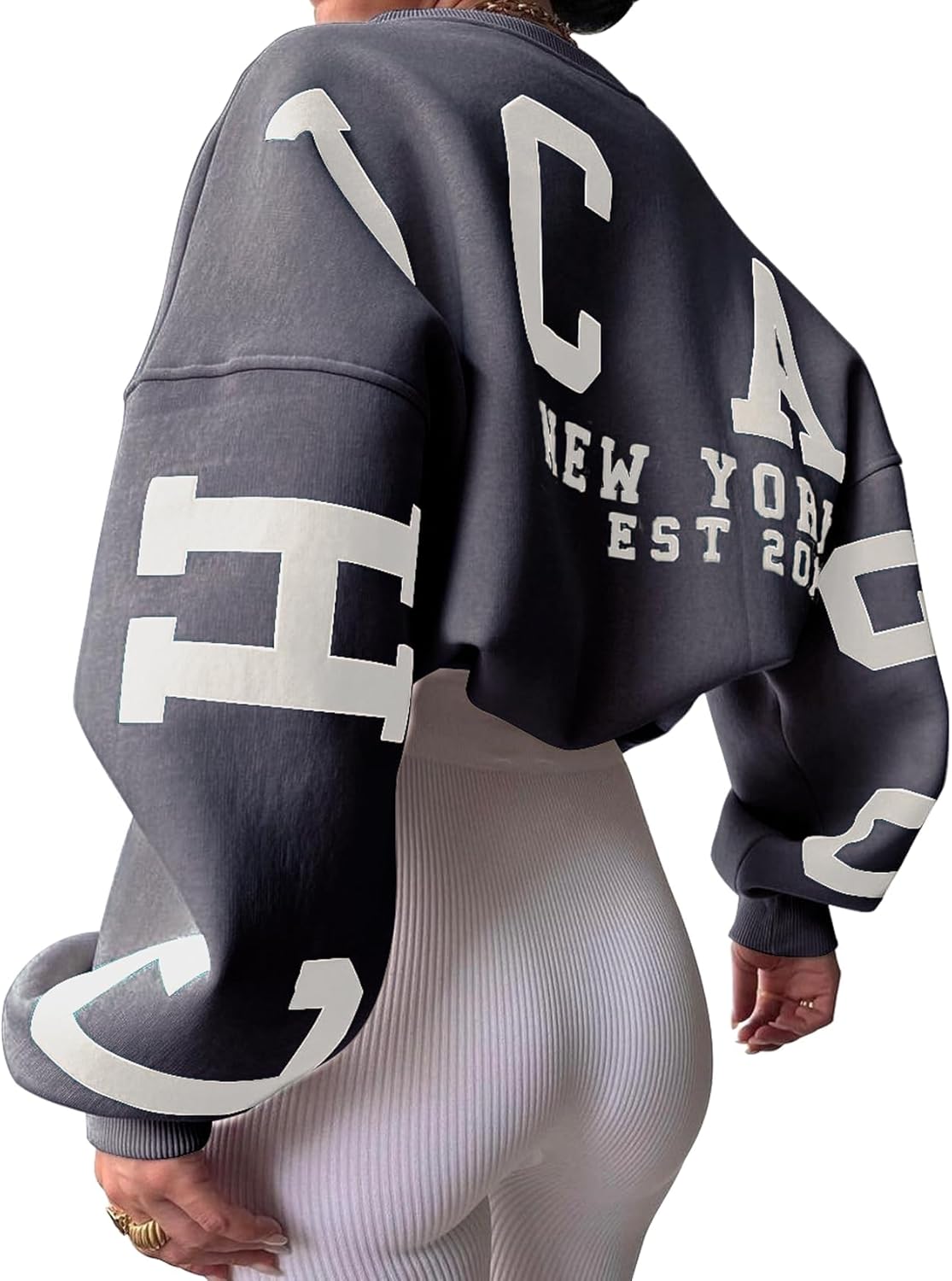 Womens Graphic Sweatshirt Y2K Oversize Letter Chicago Graphic Print Sweatshirt Drop Shoulder Crewneck Pullover Tops