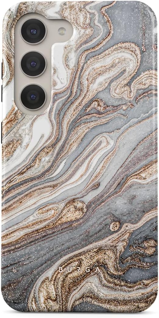 BURGA Phone Case Compatible with Samsung Galaxy S23 Plus - Hybrid 2-Layer Hard Shell + Silicone Protective Case -Grey & Gold Shades Marble Nude Natural Brown Sand - Scratch-Resistant Shockproof Cover