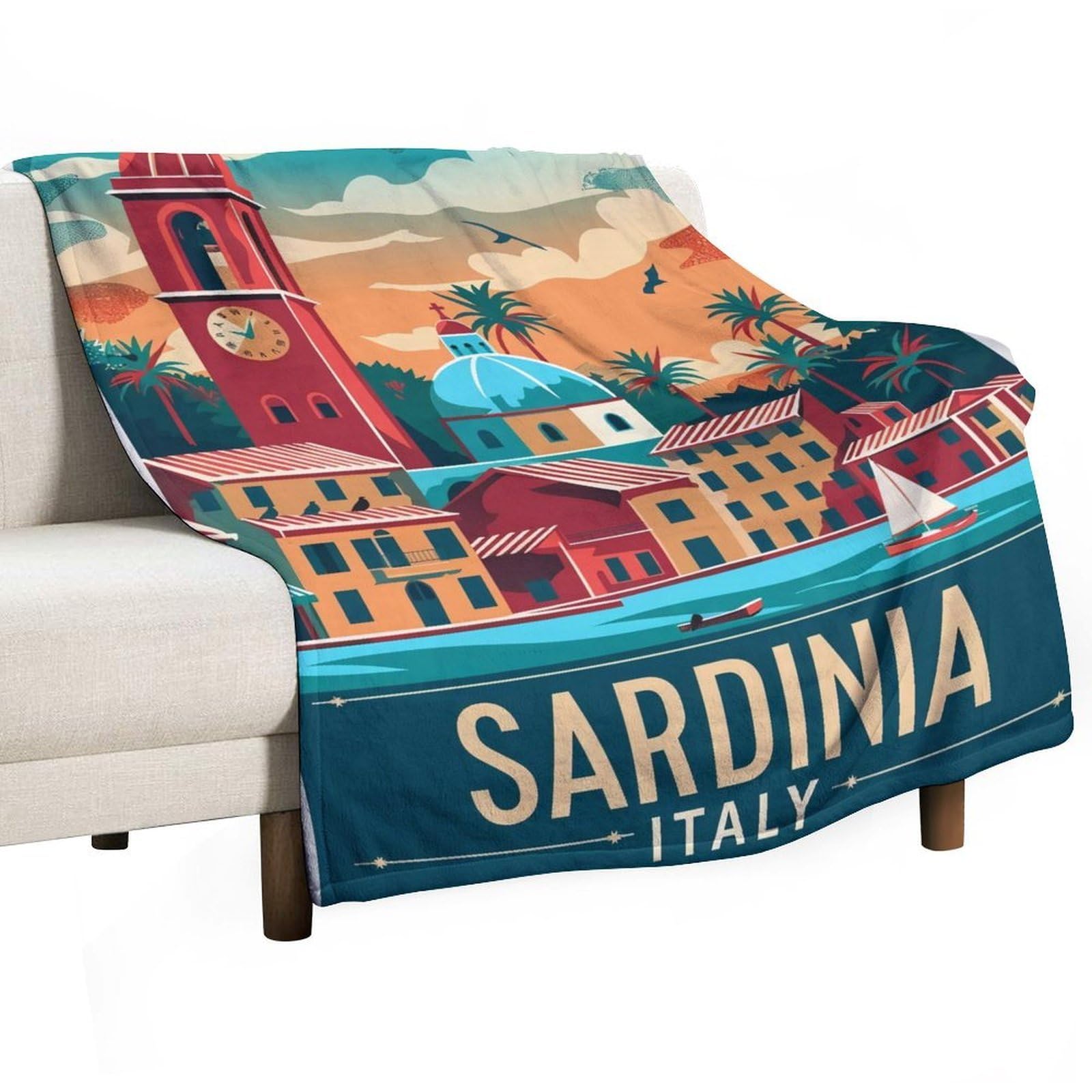 YHGSREUOH Mediterranean Sardinia Sunset Church Bell Tower 02 Flannel Blankets Fleece Soft Throw Lightweight Plush Gifts for Couch, Bed, Cozy Sofa Plush, Chair, Lovers 150x200cm(60x80in)