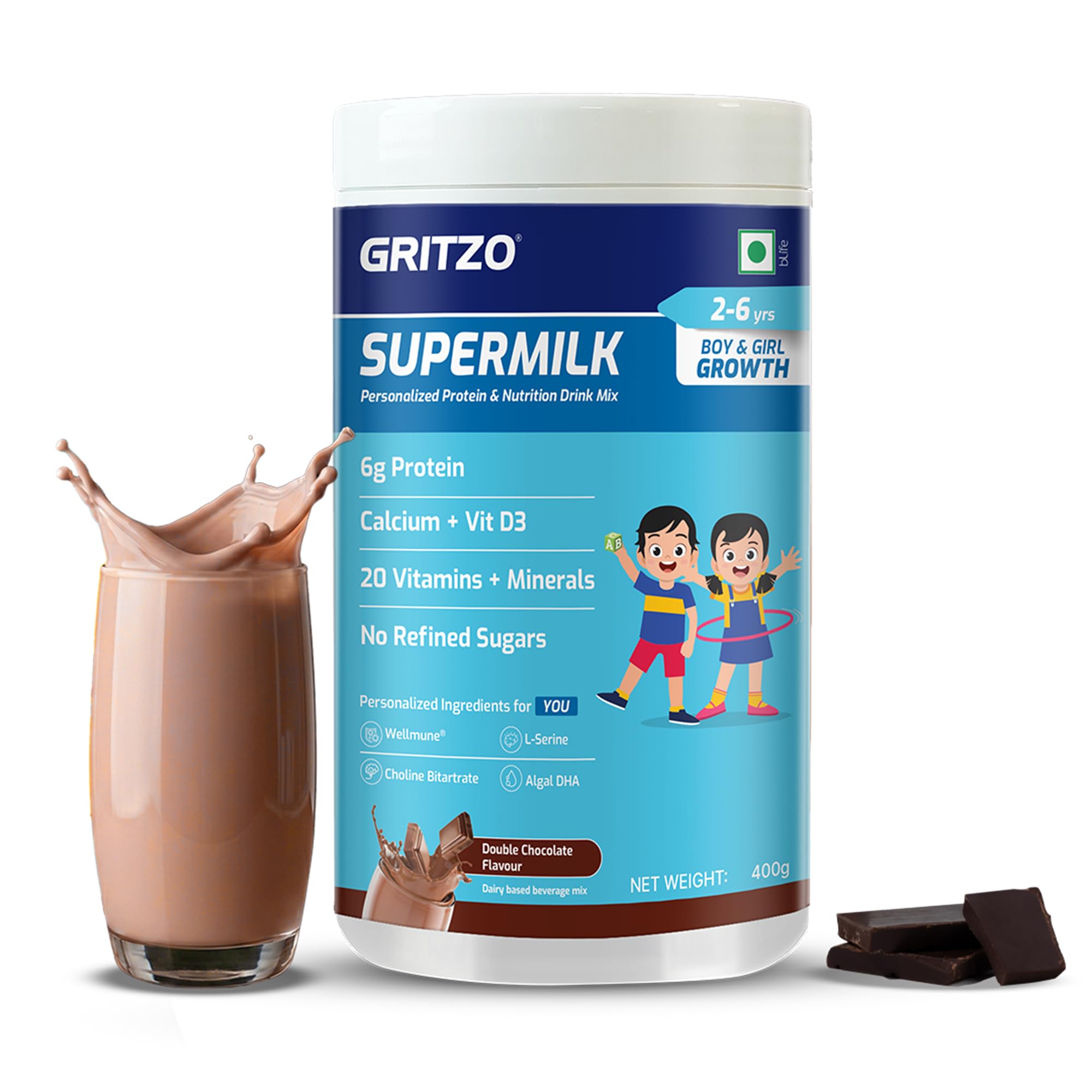 Gritzo SuperMilk Overall Growth (2-6y), 6g Protein Powder (Double Chocolate, 400g) | Zero Refined Sugar, 21 Vitamins & Minerals-image-43