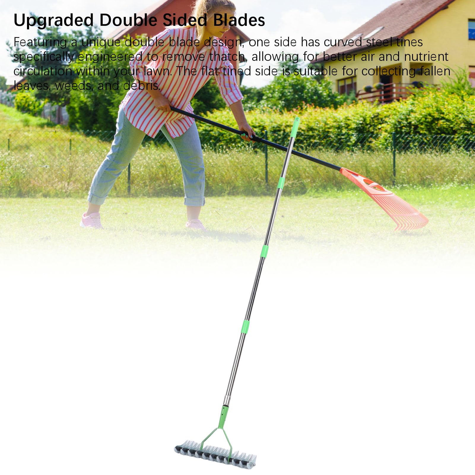 Rastrello da giardino in acciaio con manico staccabile a doppio design per la cura del prato e la rimozione dei detriti dalle foglie