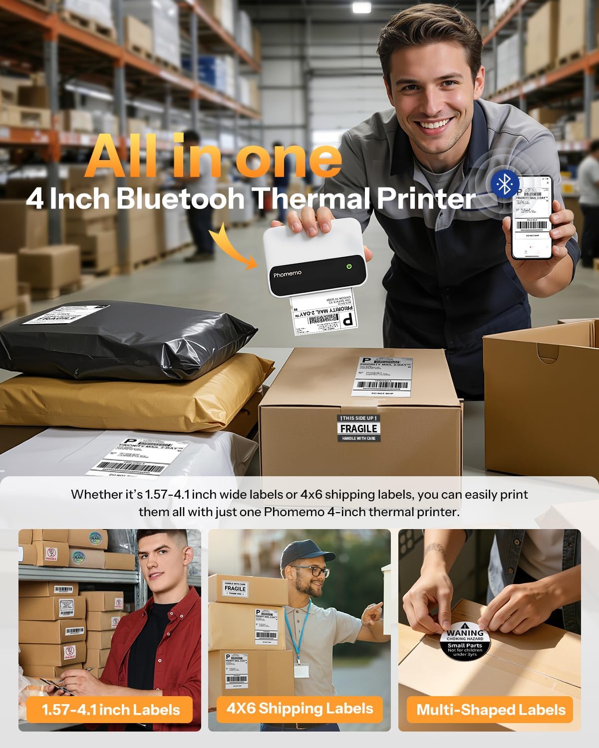 Phomemo Portable 4 Inch Thermal Label Printer with 2.75''x3.14''(70x80mm) Thermal Label for Barcode/Address/Mailing/Logo/Business/Home Tag