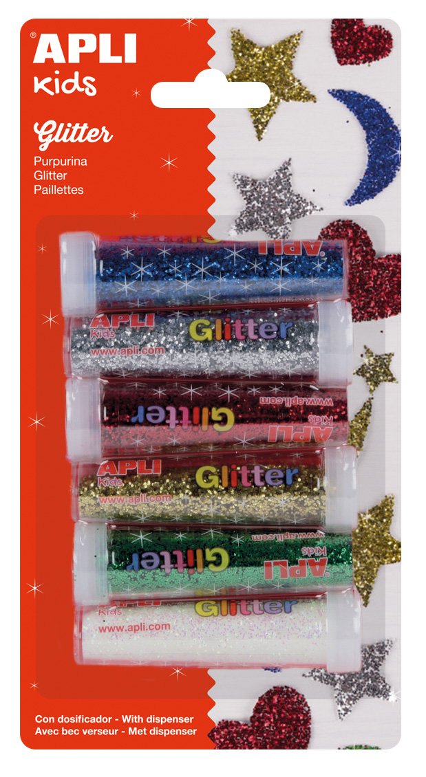 APLI Kids 13343 - Purpurina en polvo con acabado metalizado, ideal para disfraces y manualidades - 6 botes