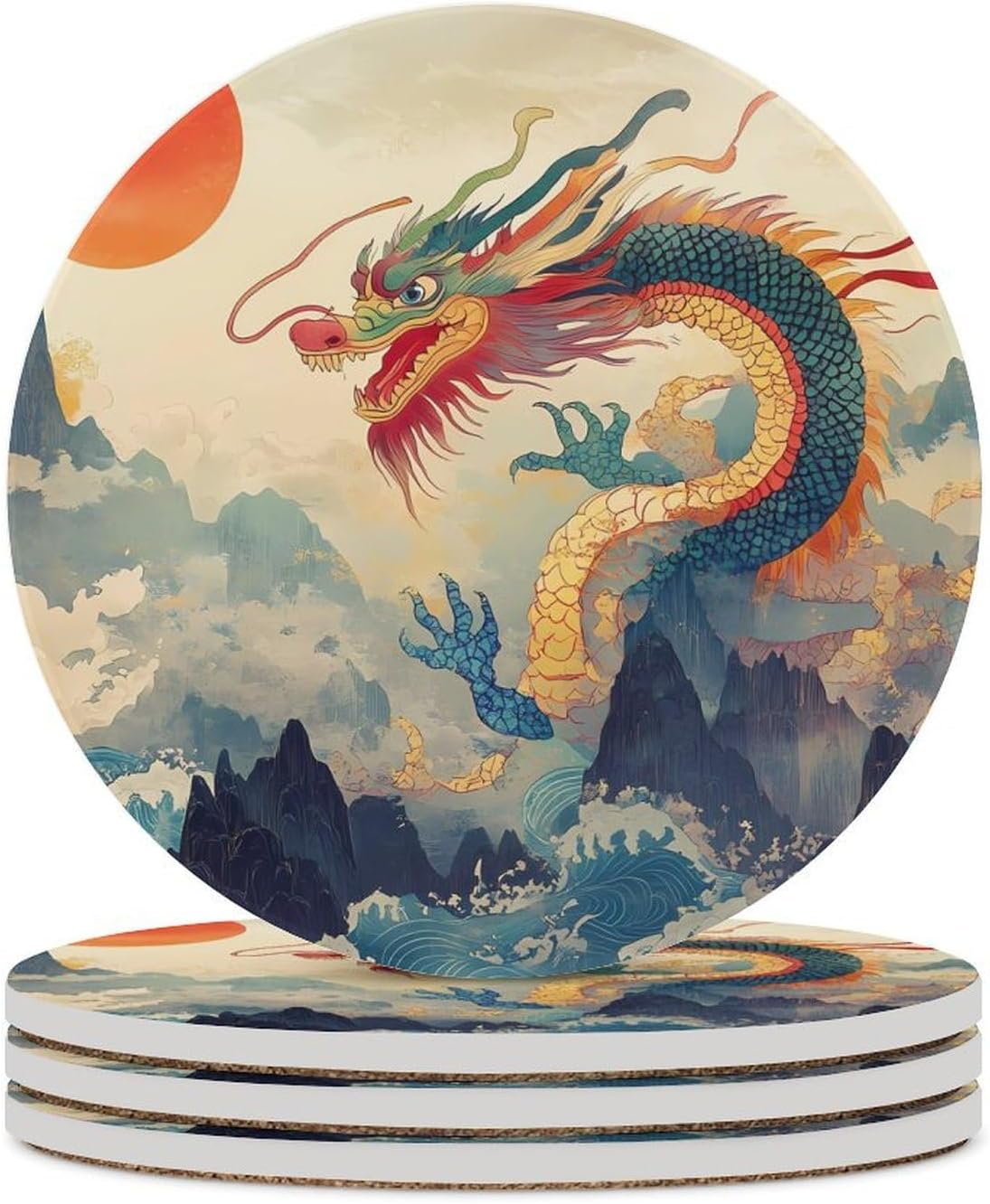 Chinese Dragon Sun Round Ceramic Coasters for Drinks Absorbent Cup Holder Tabletop Protector with Cork Base