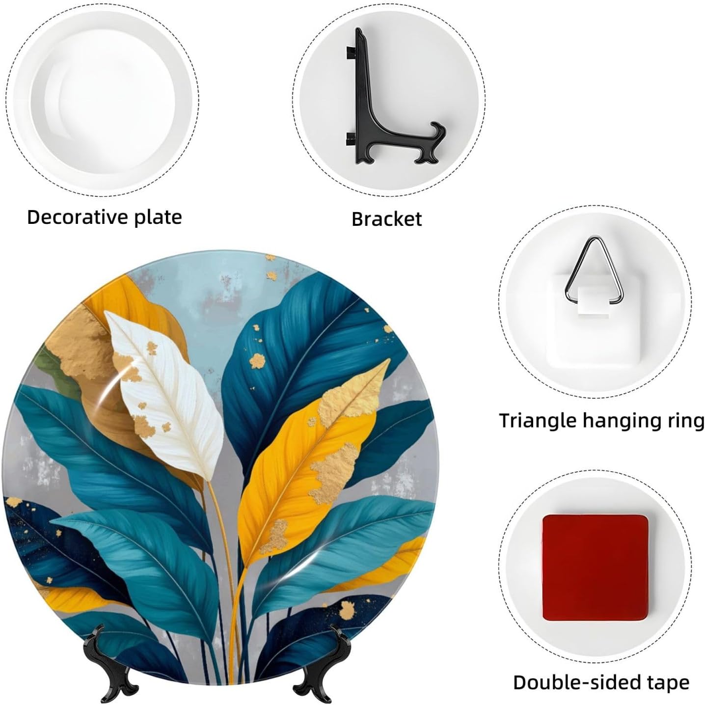 Golden Tropical Leaves Style Ceramic Plate Display Decorative Plate With Stand Wall Hanging Plate For Home Decor 10 Inch