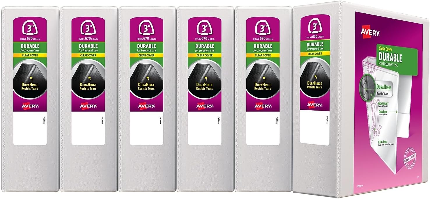 Avery Durable View 3 Ring Binders, 3" EZD Rings, 6 White Binders (09701)