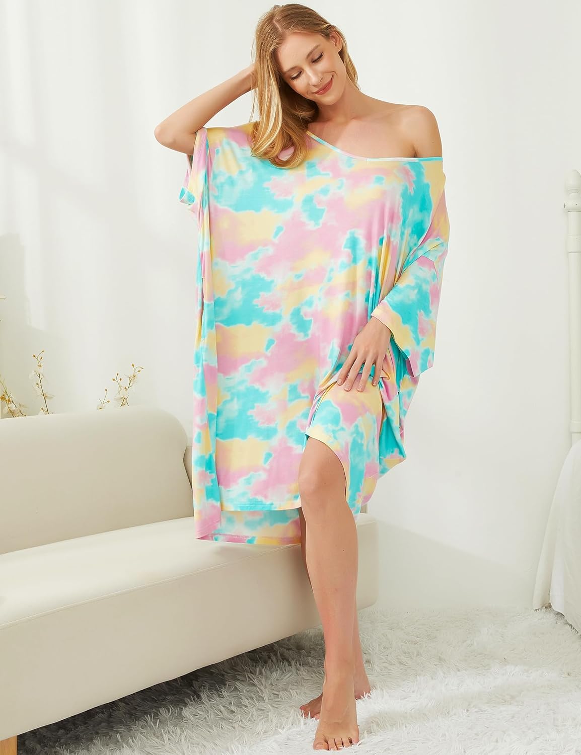 KFUBUO Plus Size Nightgowns for Women V-Neck Sleep Tshirts Dress Pjs Lounge Short Sleeves Sleepwear With Pocket Fit S-5XL - Image 3