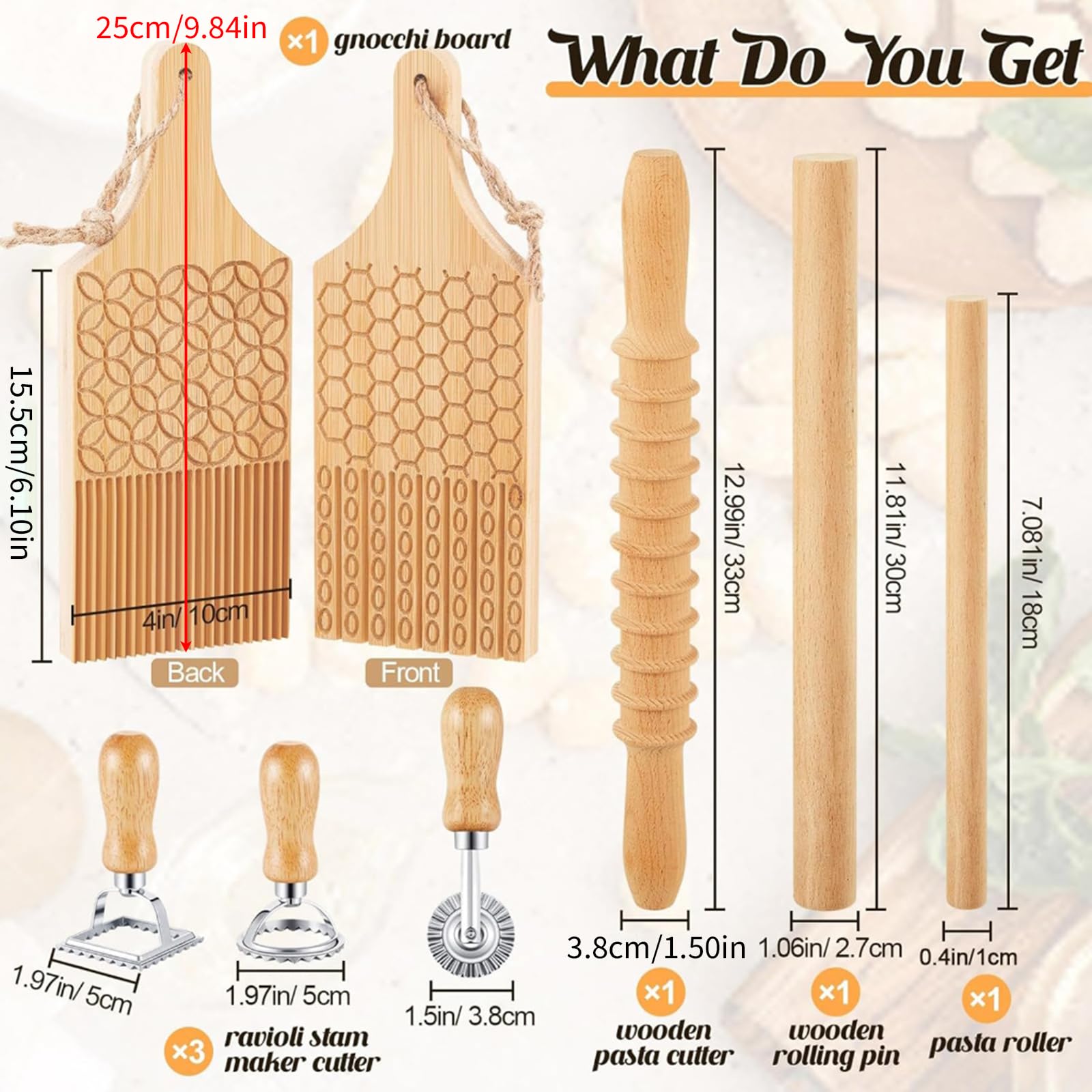 Juego para Hacer ñoquis y ravioles Incluye Tablero de Madera, Rodillo, Juego de pastas Hechas a Mano, Adecuado para Uso doméstico y en la Cocina, Sello para ravioles