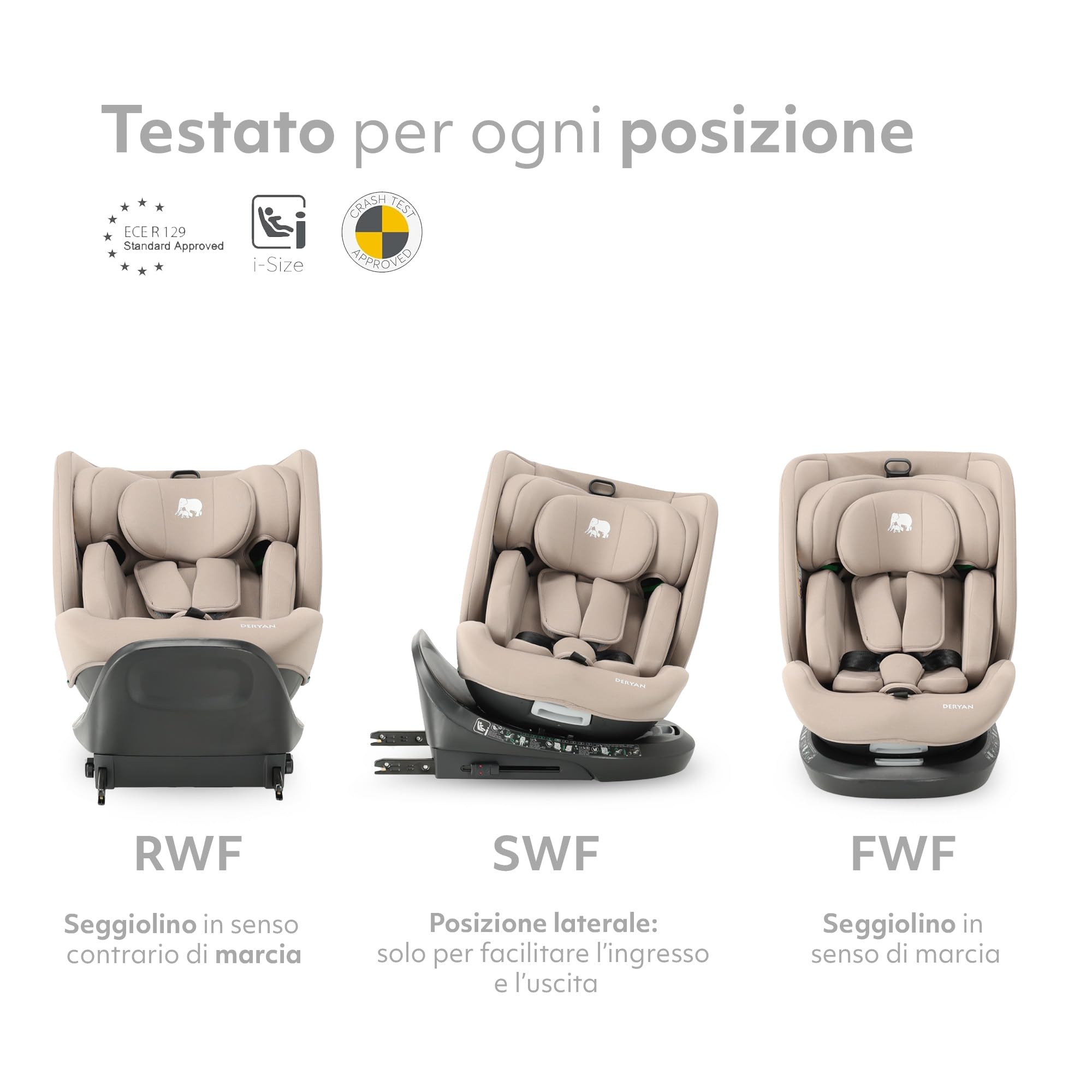 Deryan Cassie i-Size Rotazione 360, Seggiolino Auto 40-150 cm, 0-12 anni (0-36 kg), ISOFIX con Top Tether, Seggiolino Reclinabile 6 Posizioni, 10 Posizioni Poggiatesta, Tessuti Traspiranti (Torrone)