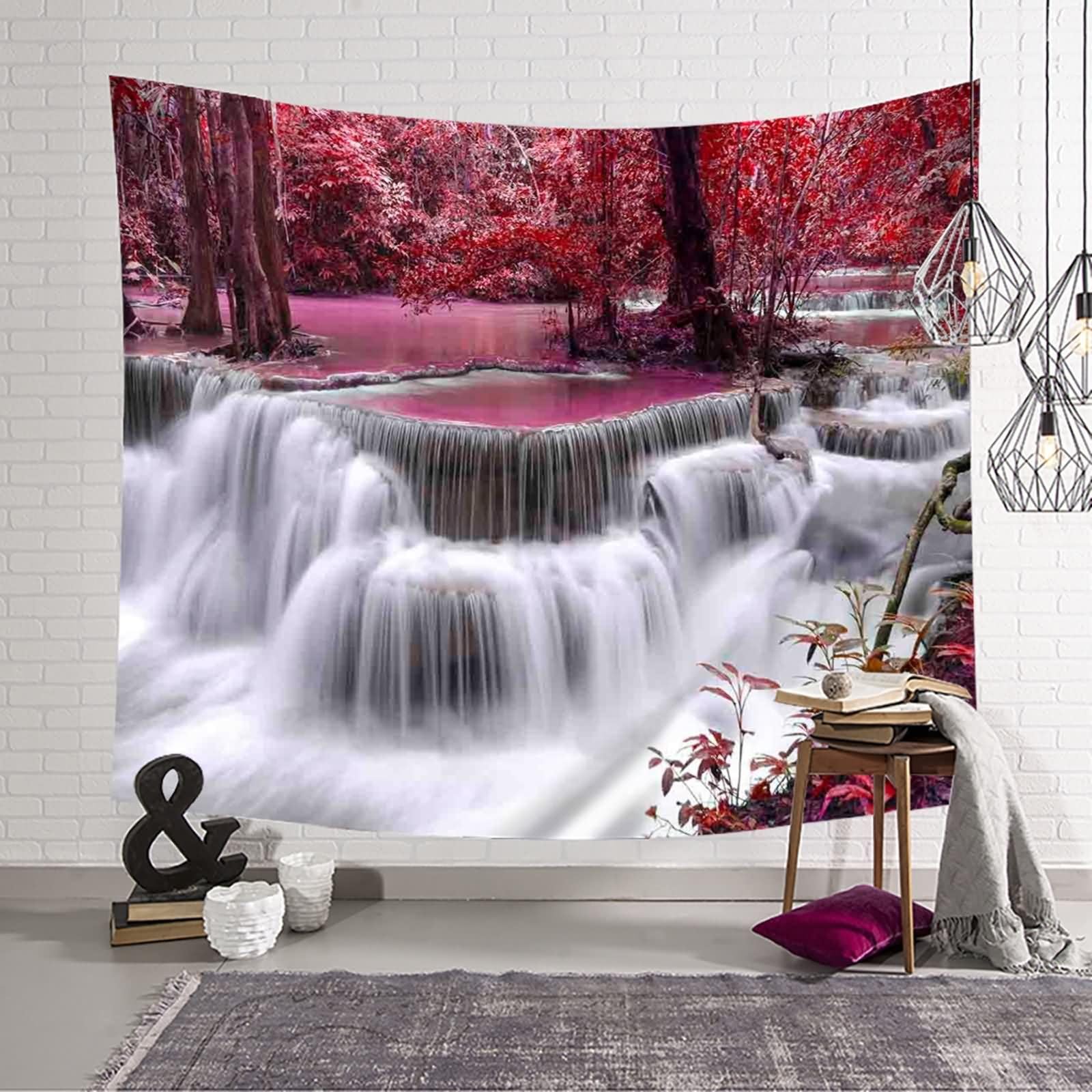 Homxi Wandteppich Landschaft 260 x 240 CM,Wasserfall Waldlandschaft Tapestry Wandbehänge Polyester Rot Grau Weiß