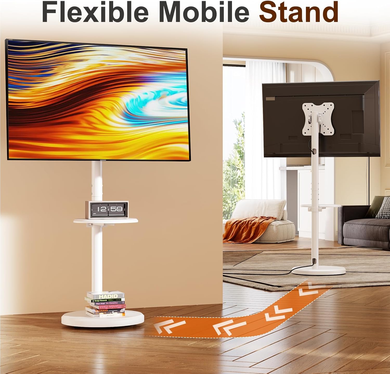 The Hovadova Rolling TV Stand with its base and main pole assembled, showing an arrow indicating movement.