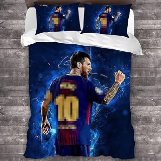 SK-PBB Messi Bed Linen Set, 3D Print Football Star, Set with Pillow Case and Duvet Cover, Bed Linen, Zip Opening and Closure, Gifts for Children (A06, 135 x 200 cm (80 x 80))