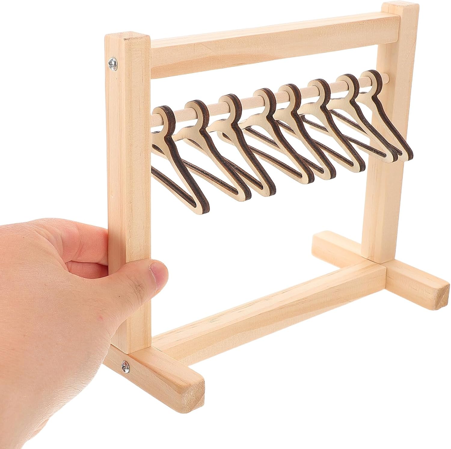 Wooden Mini Doll Garment Rack with 12 Miniature Hangers for Dolls Clothes Storage Small Dollhouse Furniture Accessory and Organizing Mini Closet